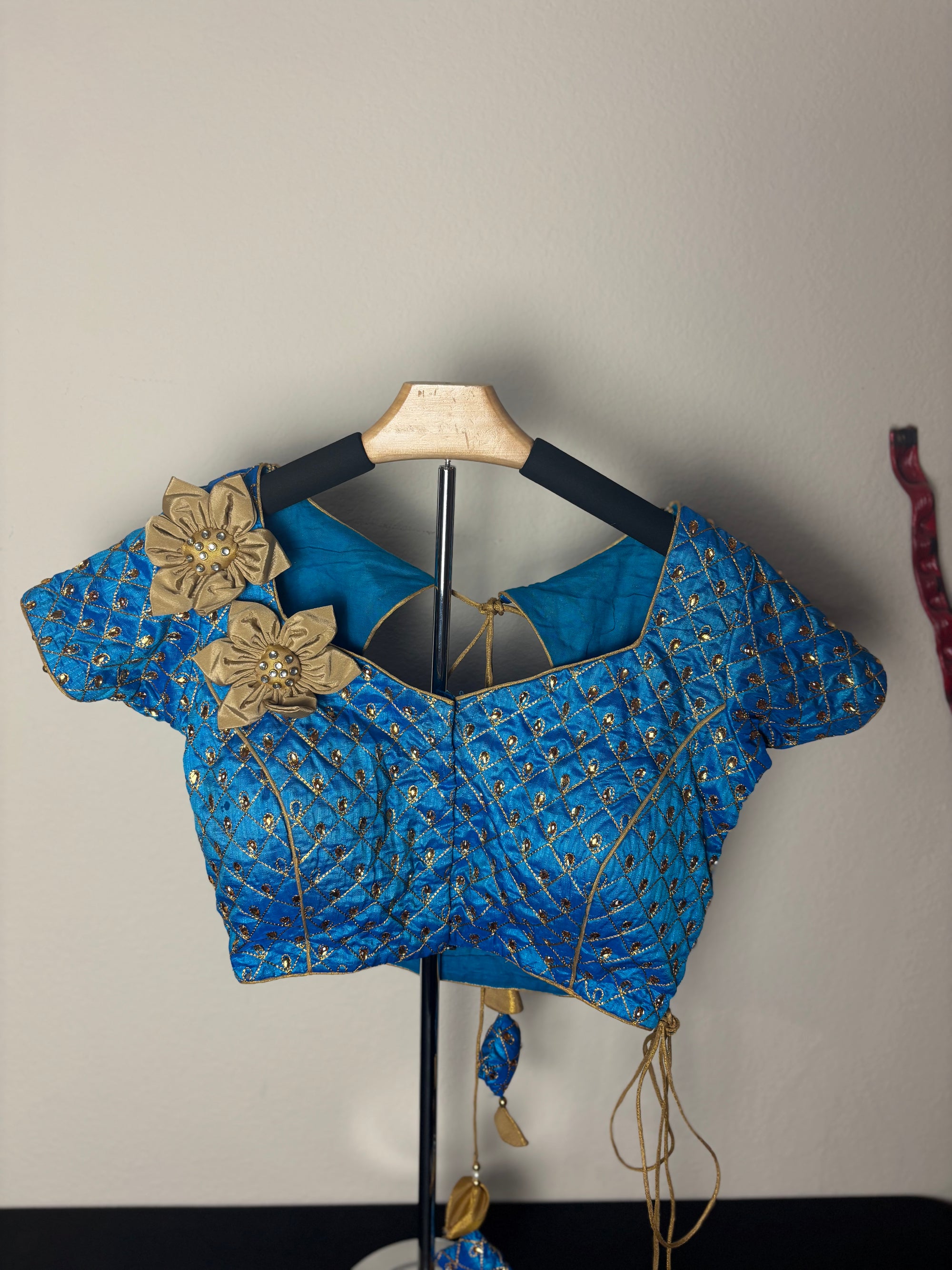 Blue Blouse with Big Golden Flowers and Square Tassels