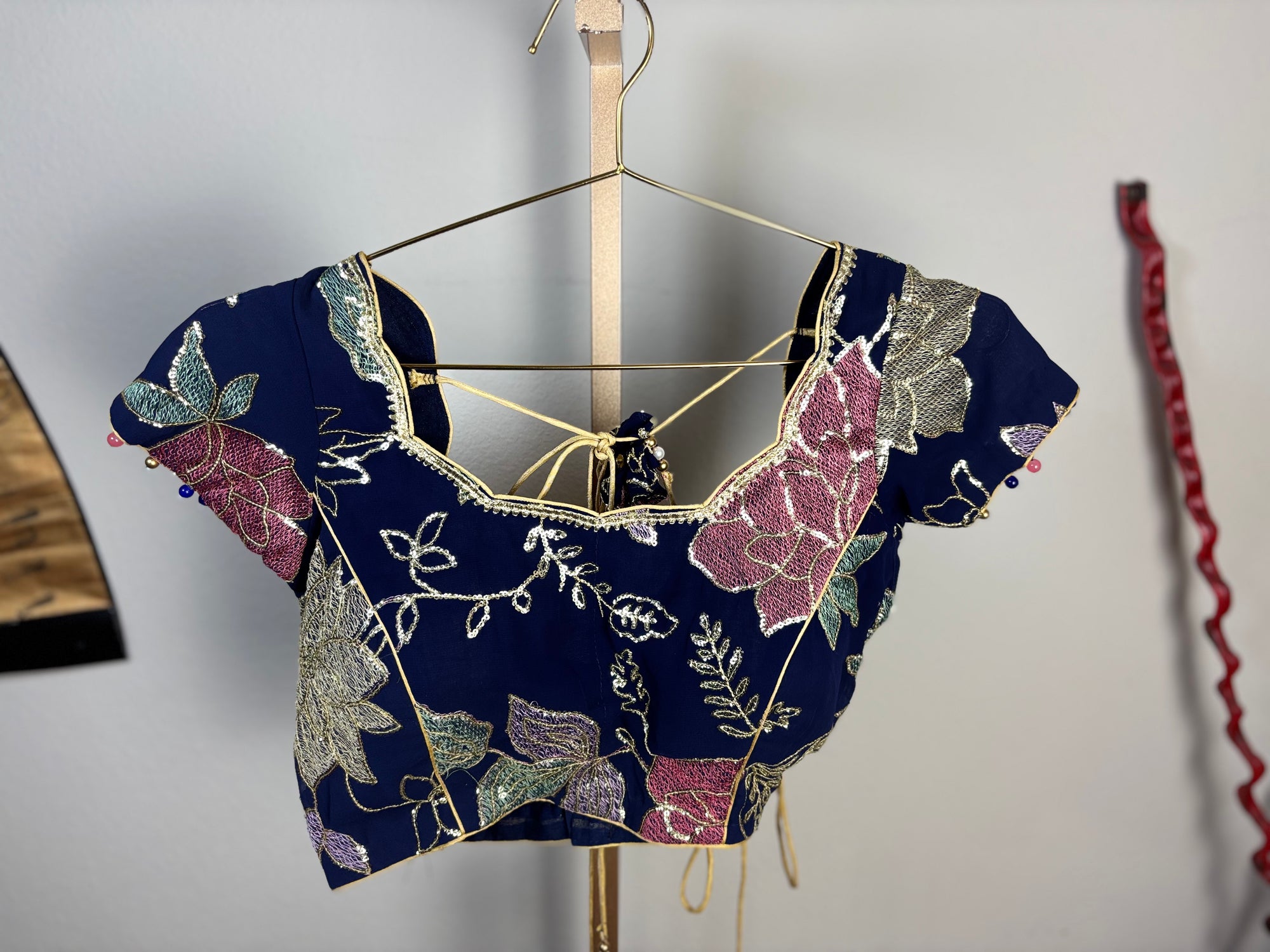 Navy Blue Blouse with Purple Flowers and Green Leaf Designs