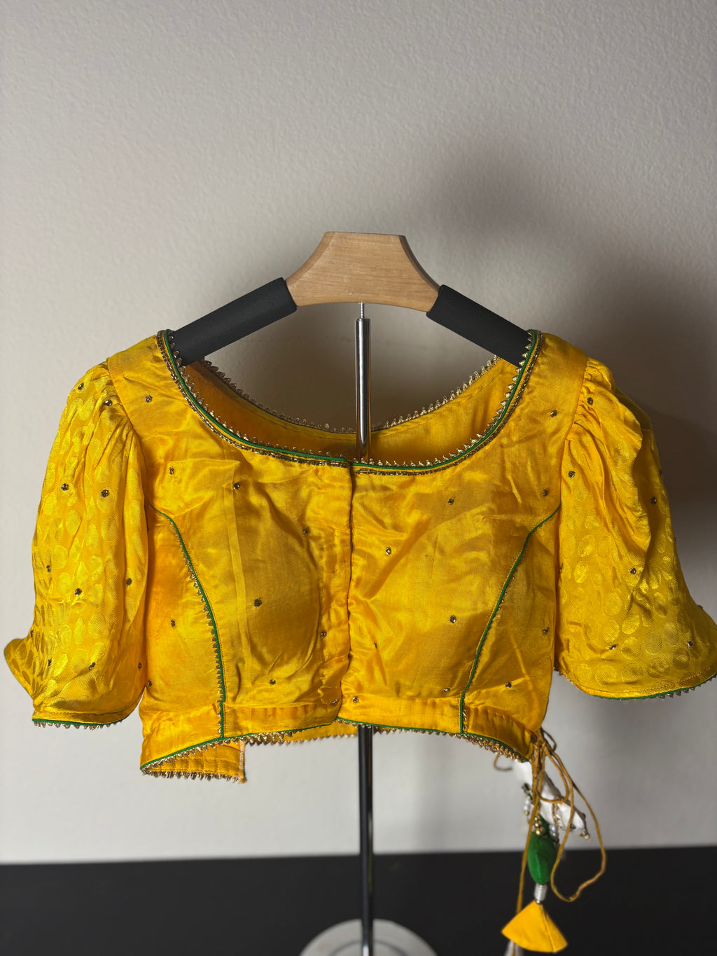 Yellow Painting Blouse with Female Figure and Bird Tassels