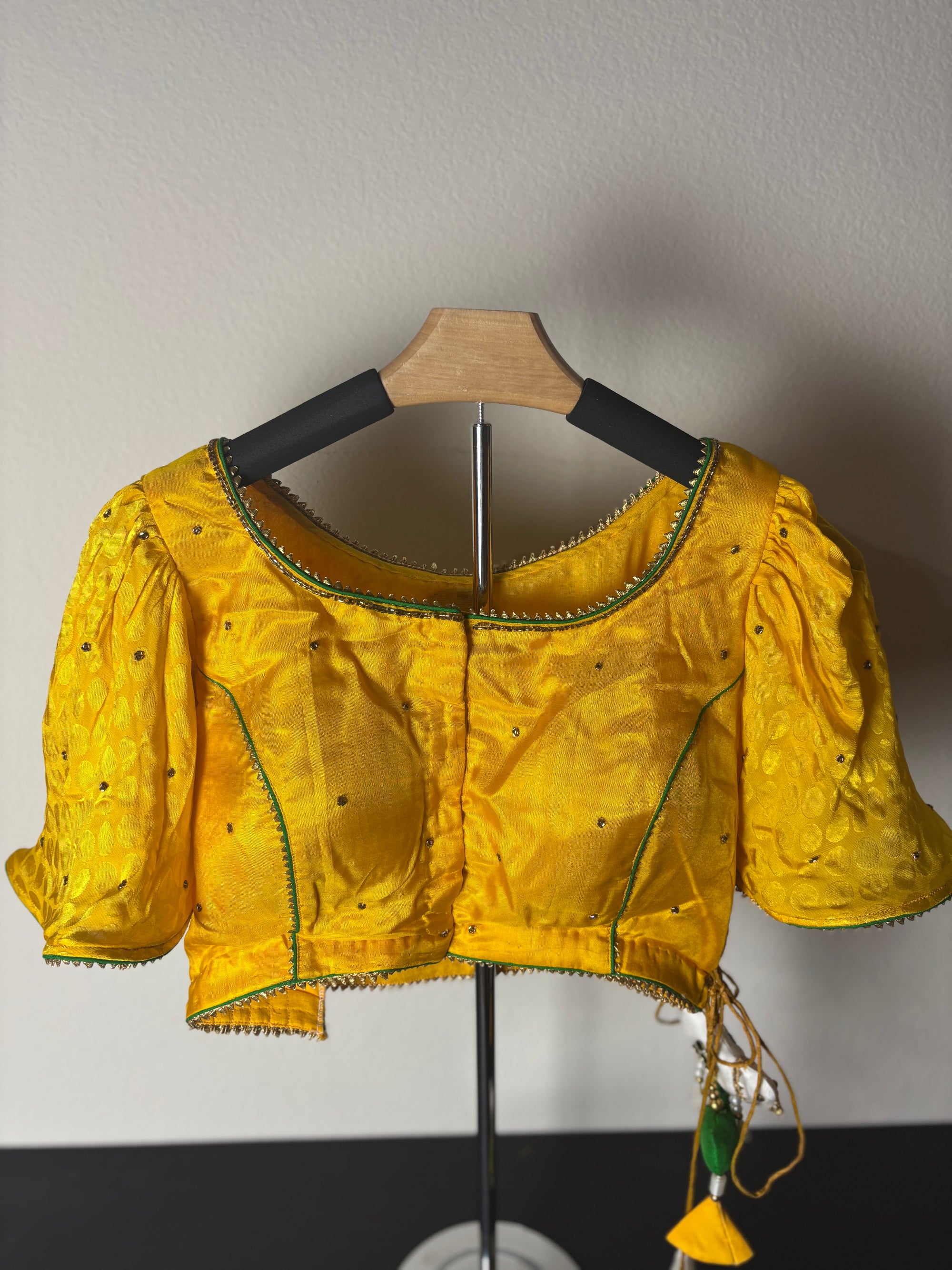 Yellow Painting Blouse with Female Figure and Bird Tassels