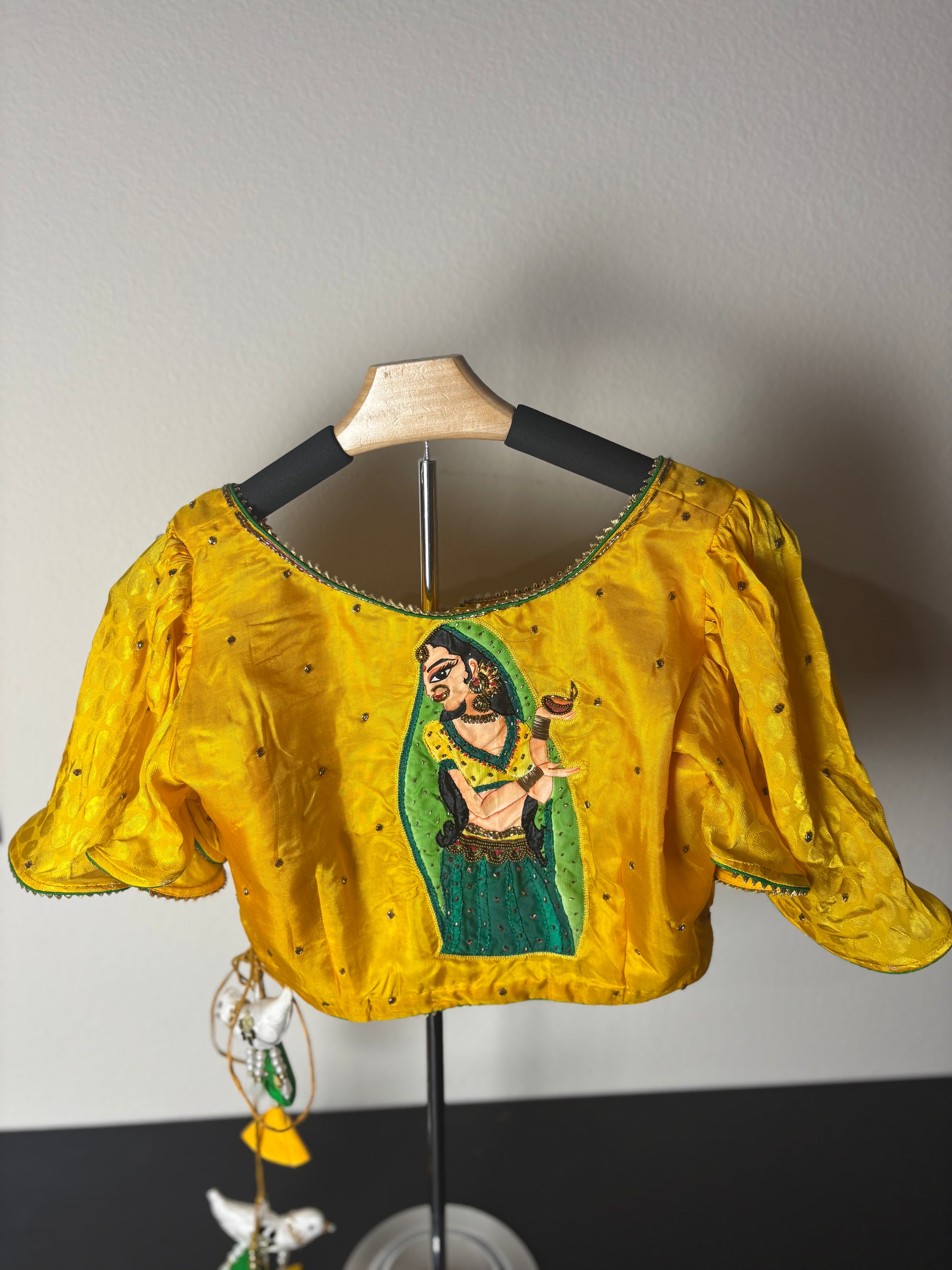 Yellow Painting Blouse with Female Figure and Bird Tassels