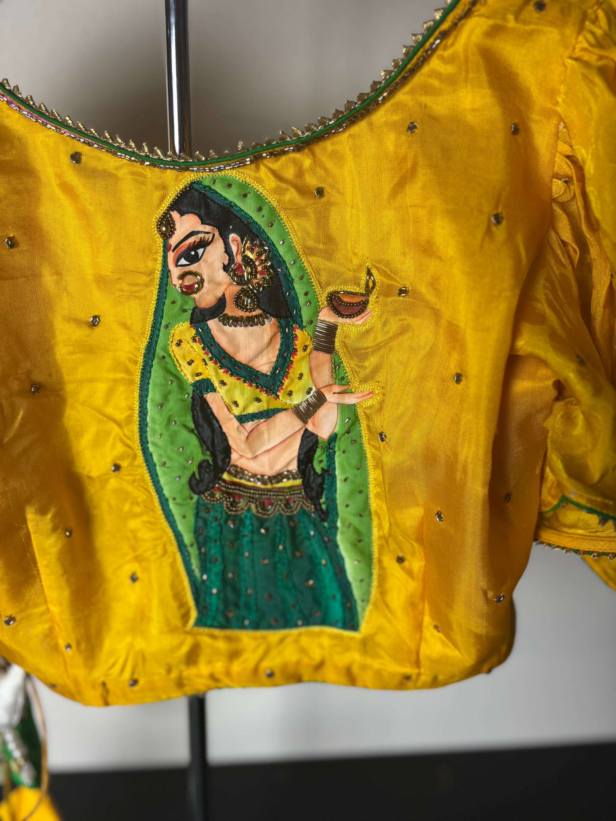 Yellow Painting Blouse with Female Figure and Bird Tassels