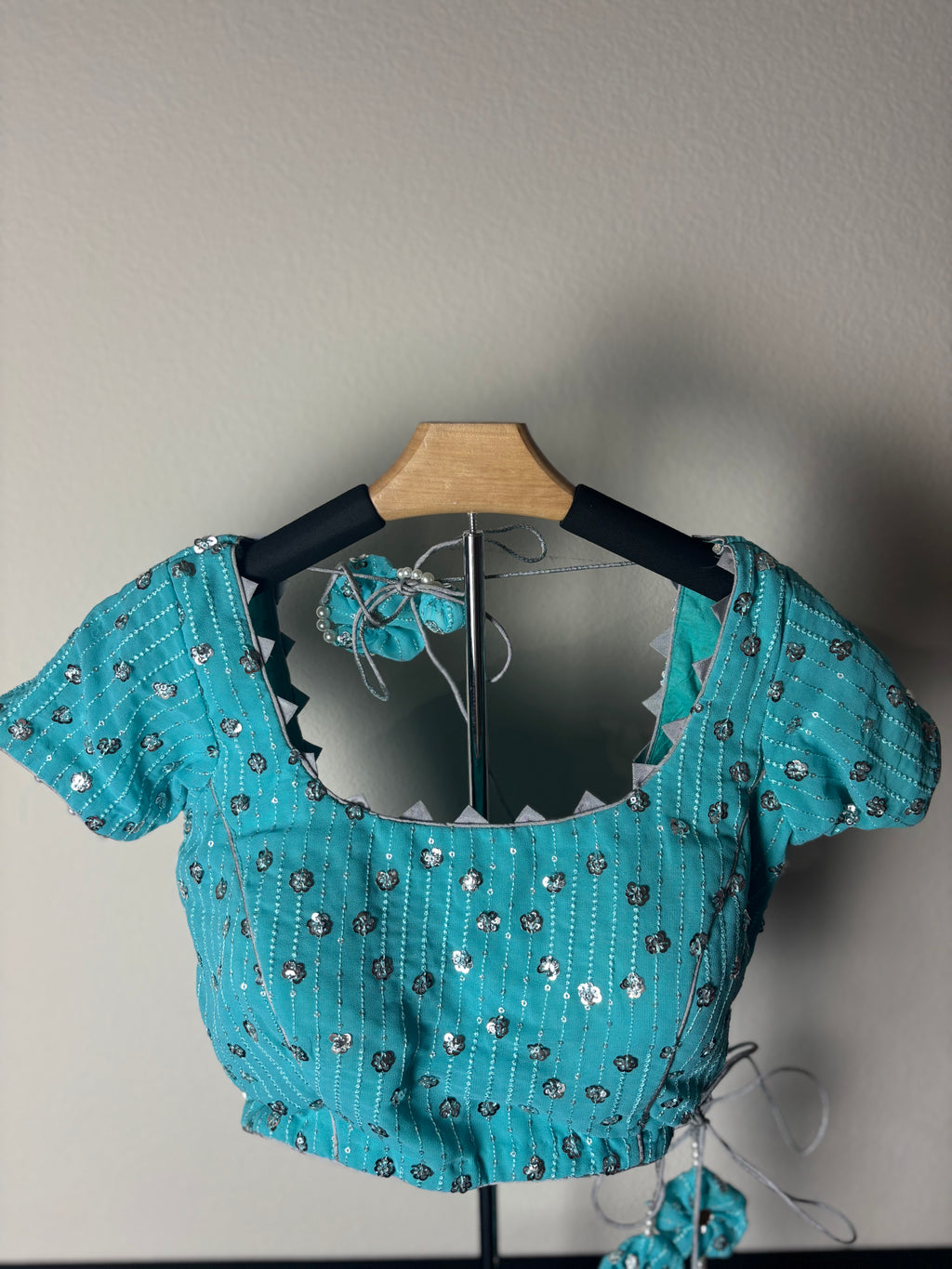 Light Blue Blouse with Flower Tassels