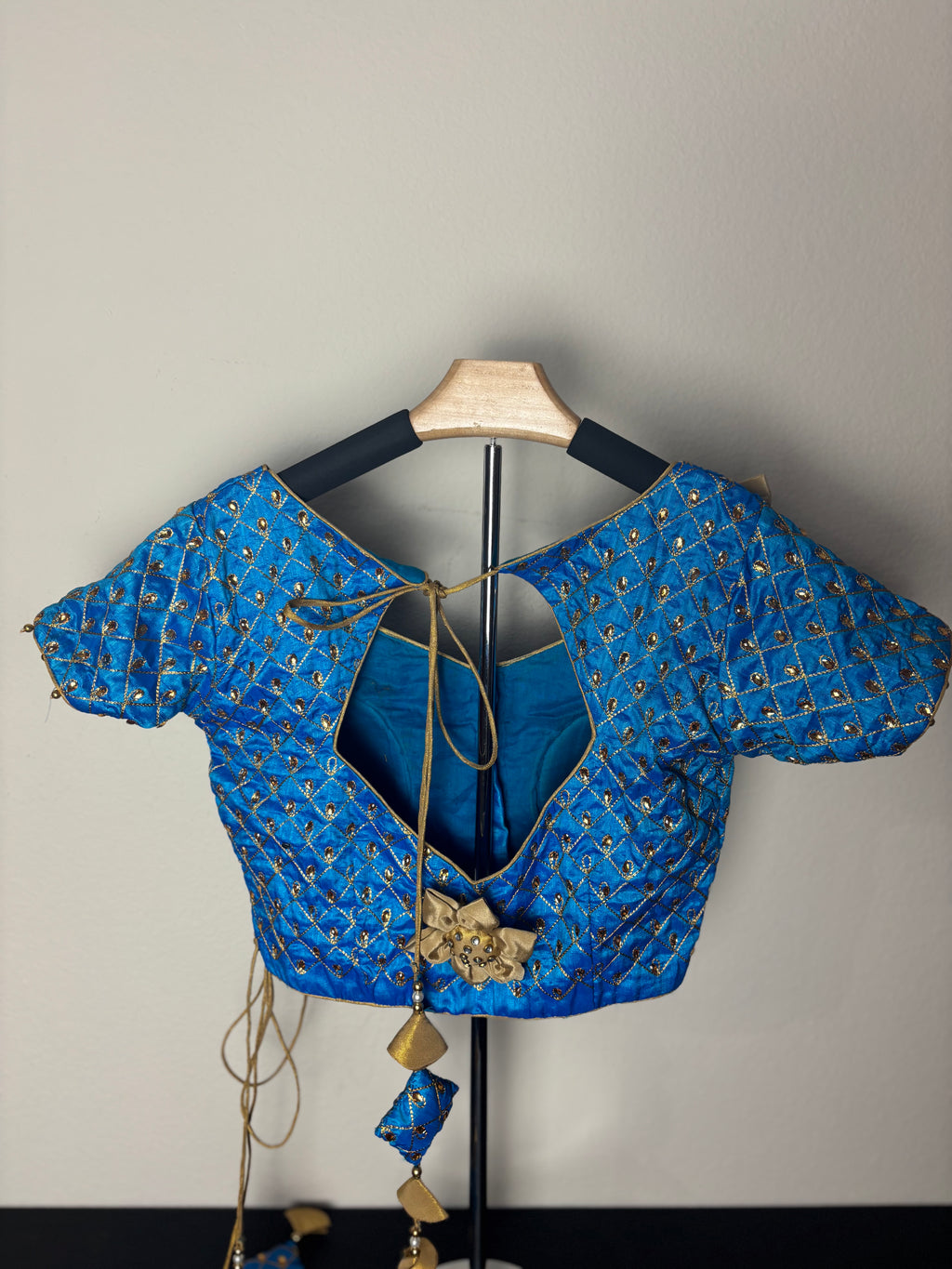 Blue Blouse with Big Golden Flowers and Square Tassels