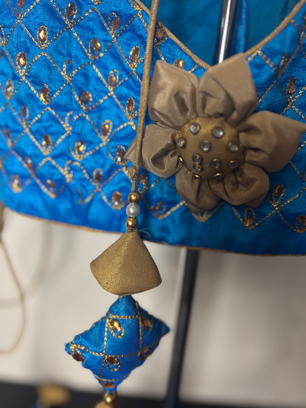 Blue Blouse with Big Golden Flowers and Square Tassels