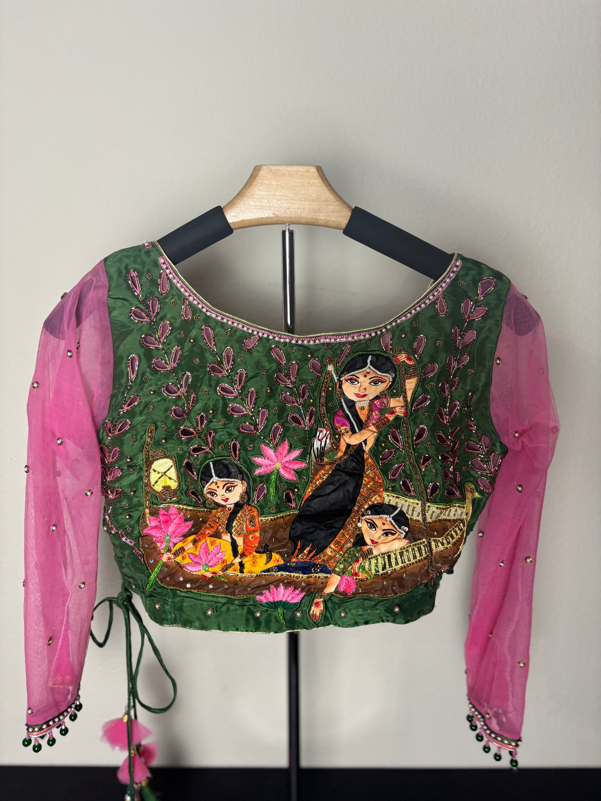 Green and Pink Blouse with Art of Ladies in Boat