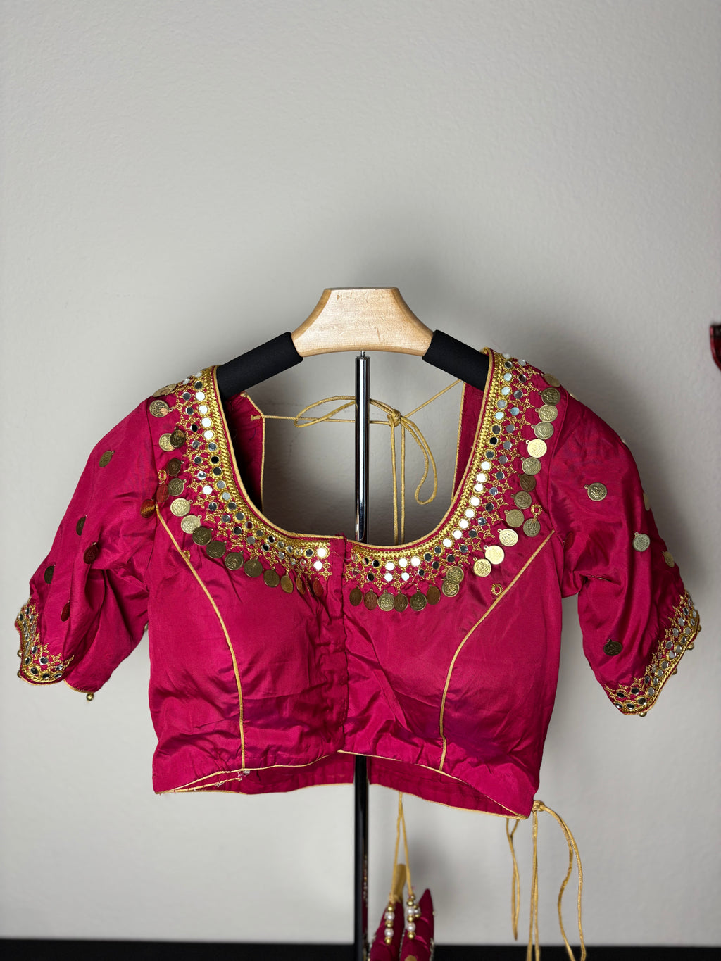 Pink Blouse with Gold Details and Pink Bird Tassels