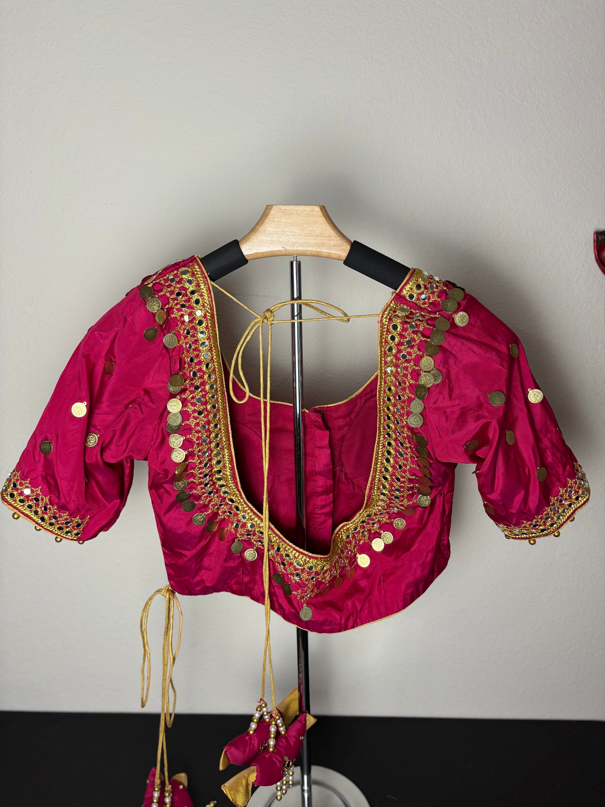 Pink Blouse with Gold Details and Pink Bird Tassels
