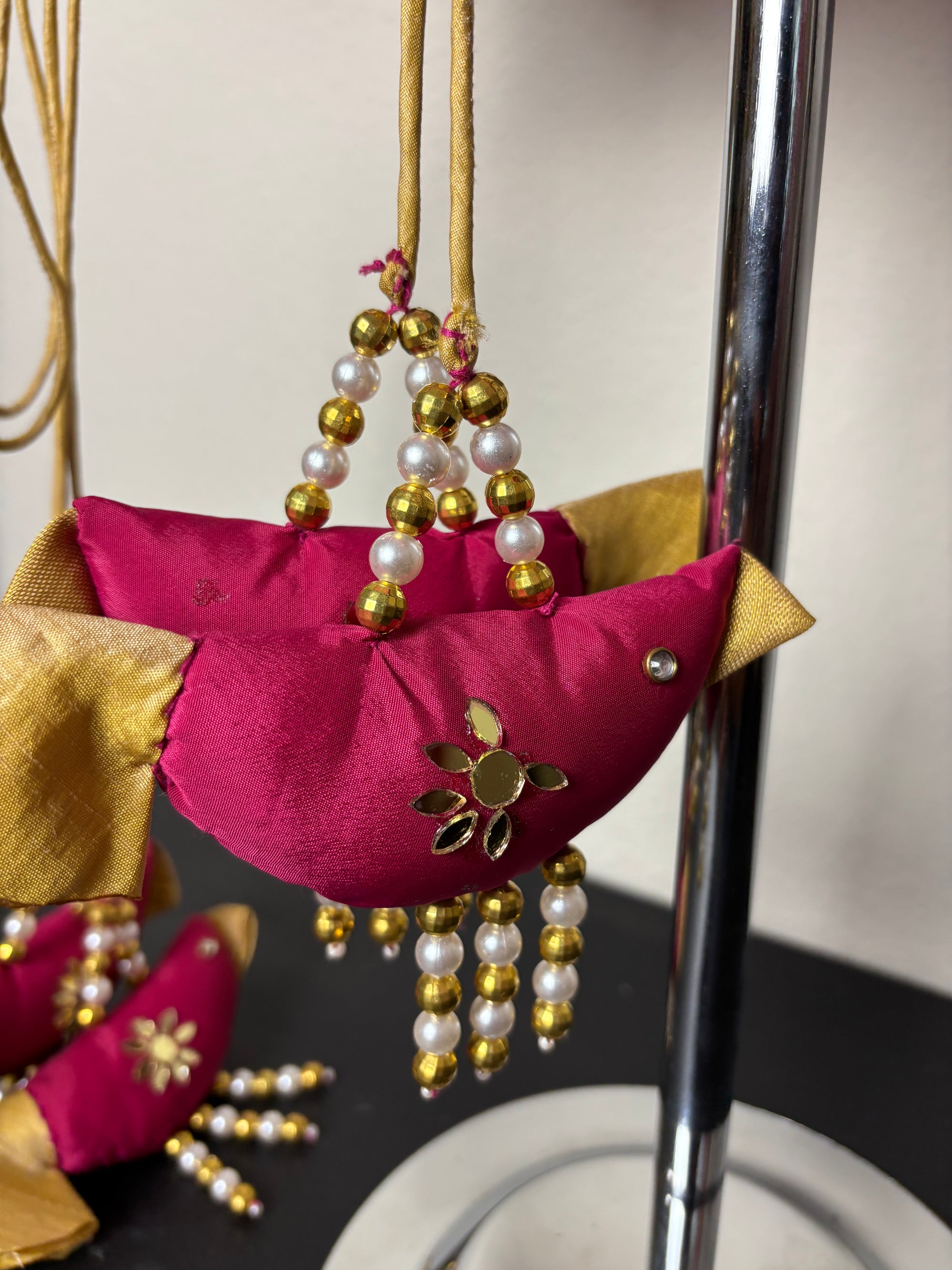 Pink Blouse with Gold Details and Pink Bird Tassels