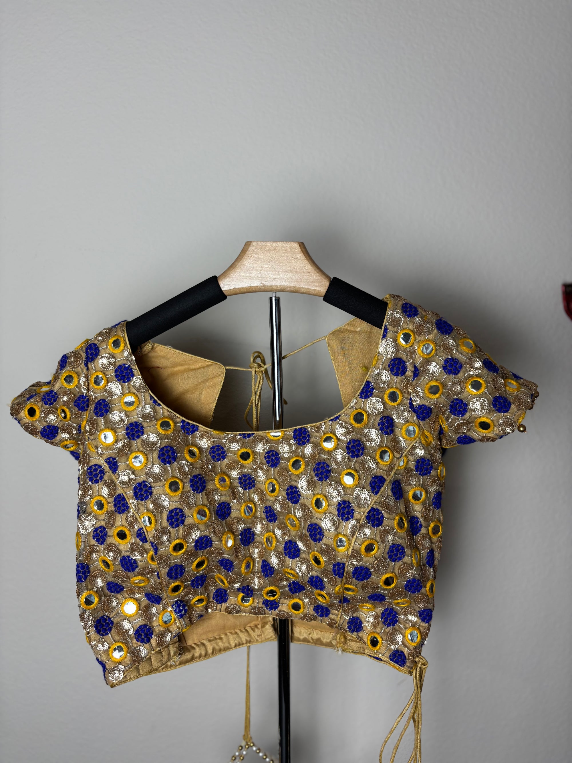 Gold Blouse with Blue and Yellow Details and Crescent Tassels