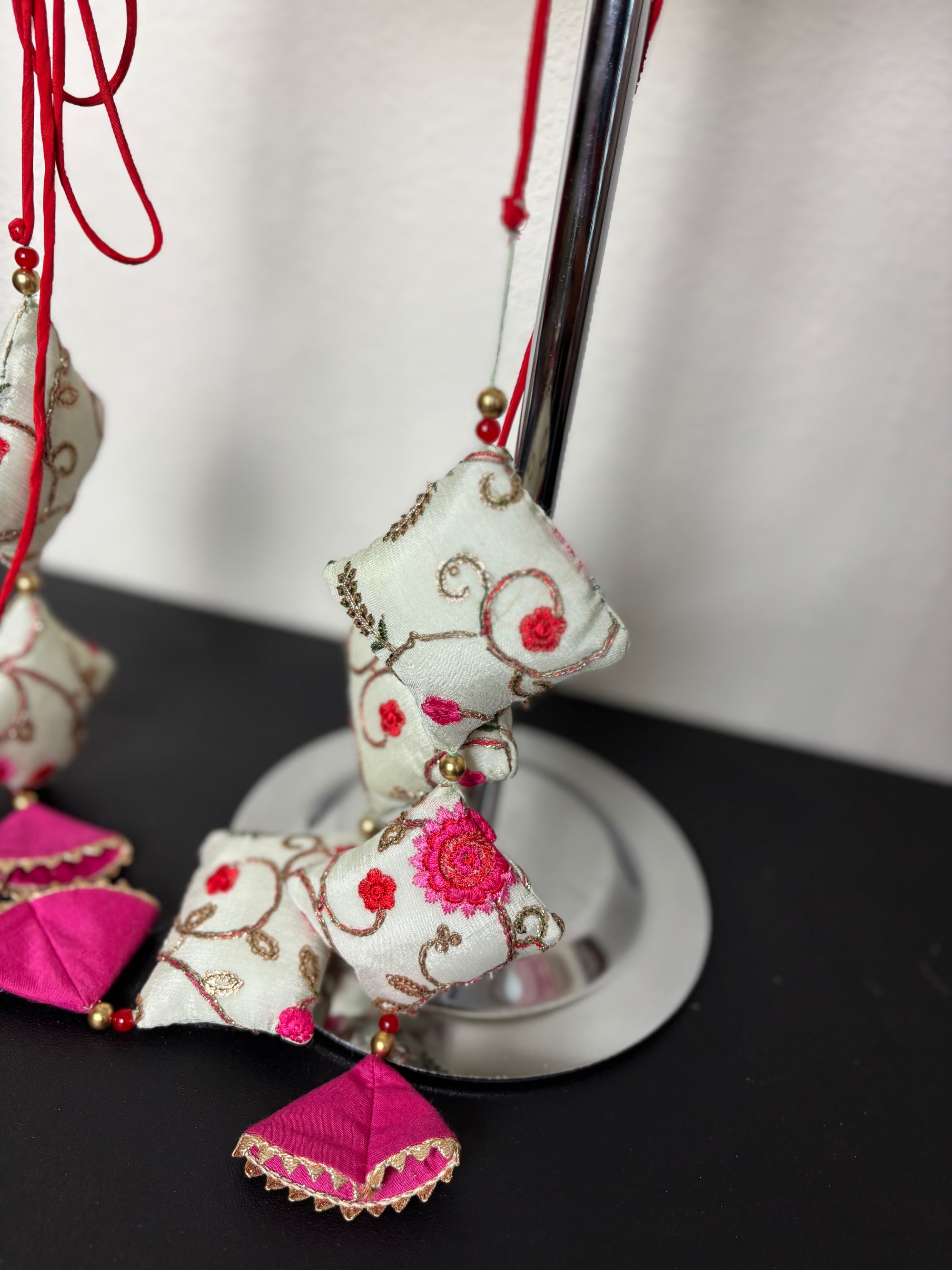 White Blouse with Pink Details and Square Tassels