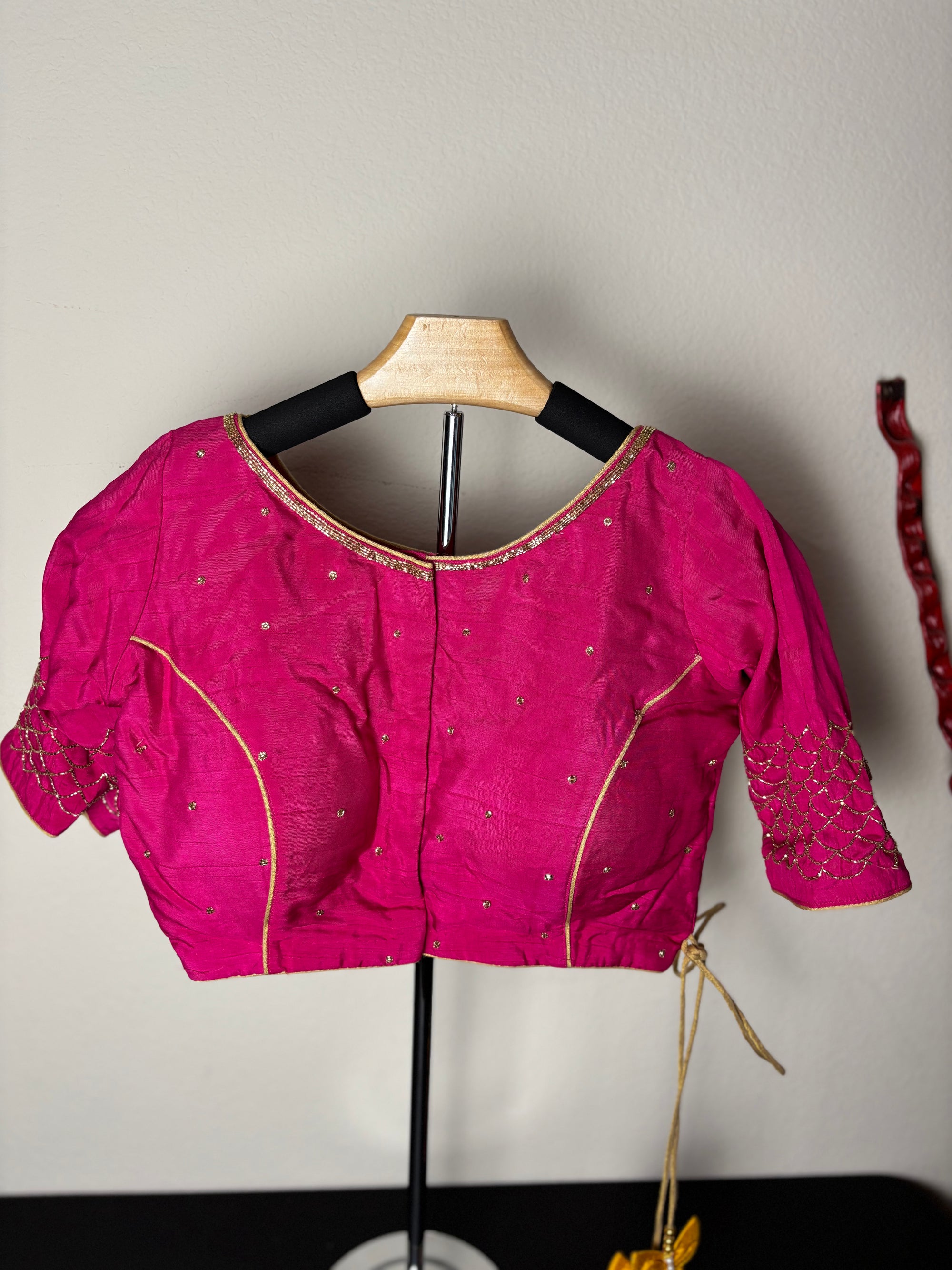 Pink Painting Blouse with 3 Ladies Design and Butterfly Tassels