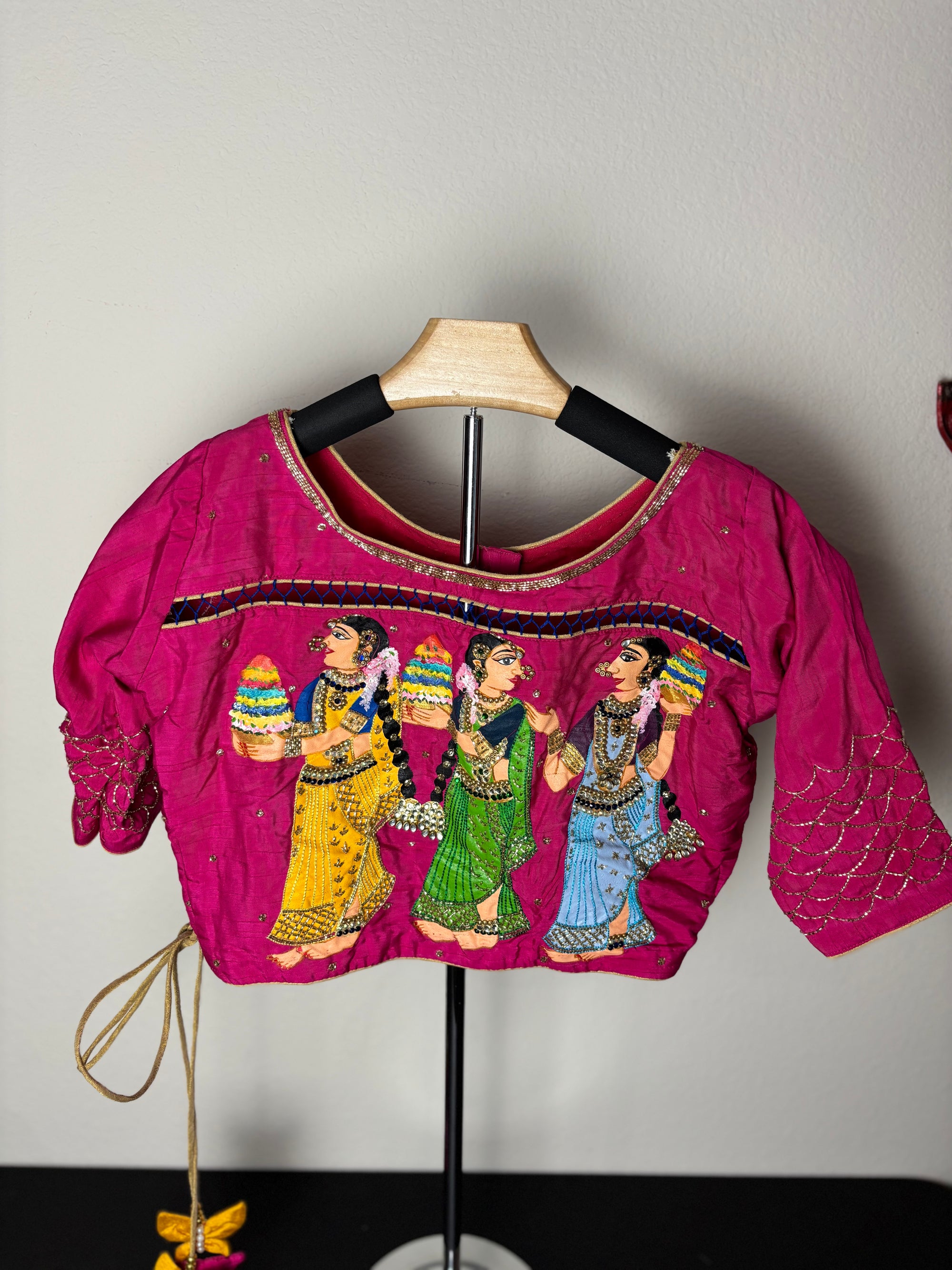 Pink Painting Blouse with 3 Ladies Design and Butterfly Tassels