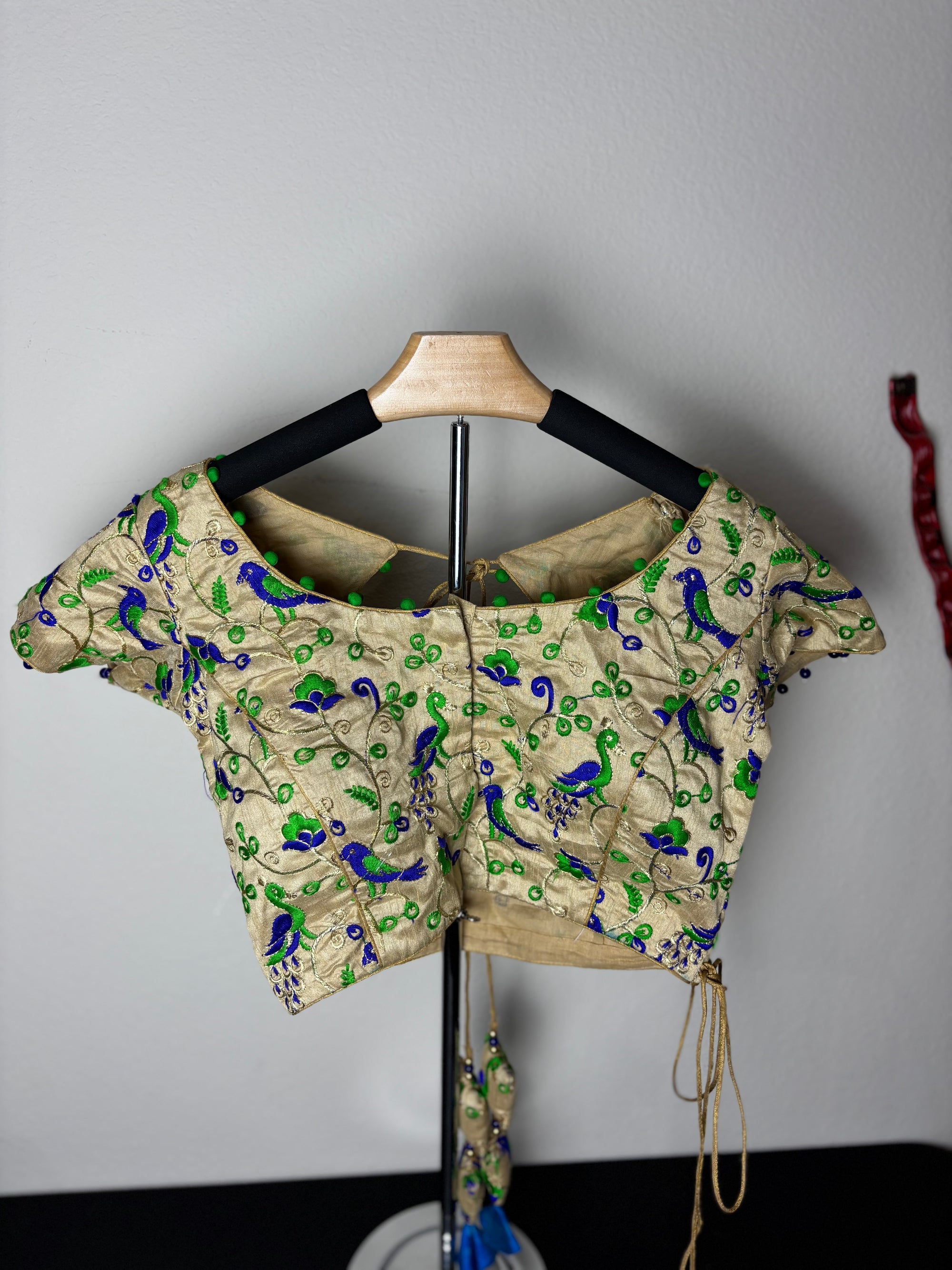 Cream Colored Blouse with Green and Blue Birds