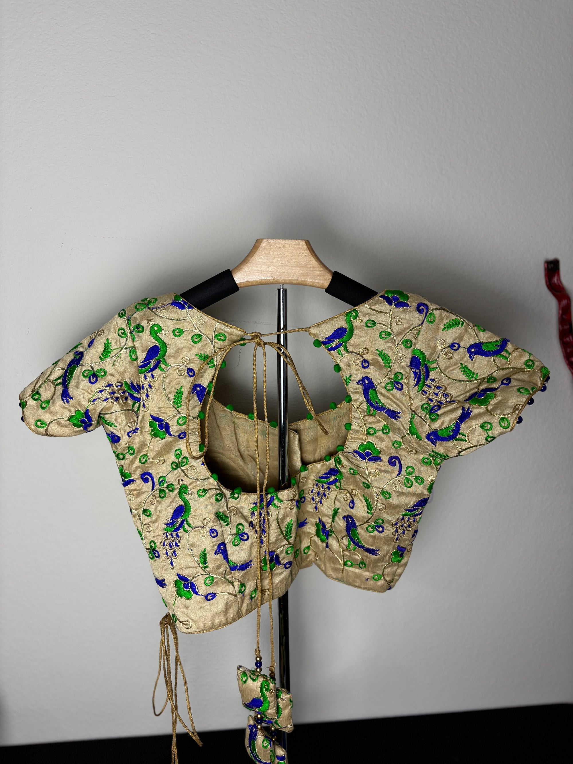 Cream Colored Blouse with Green and Blue Birds