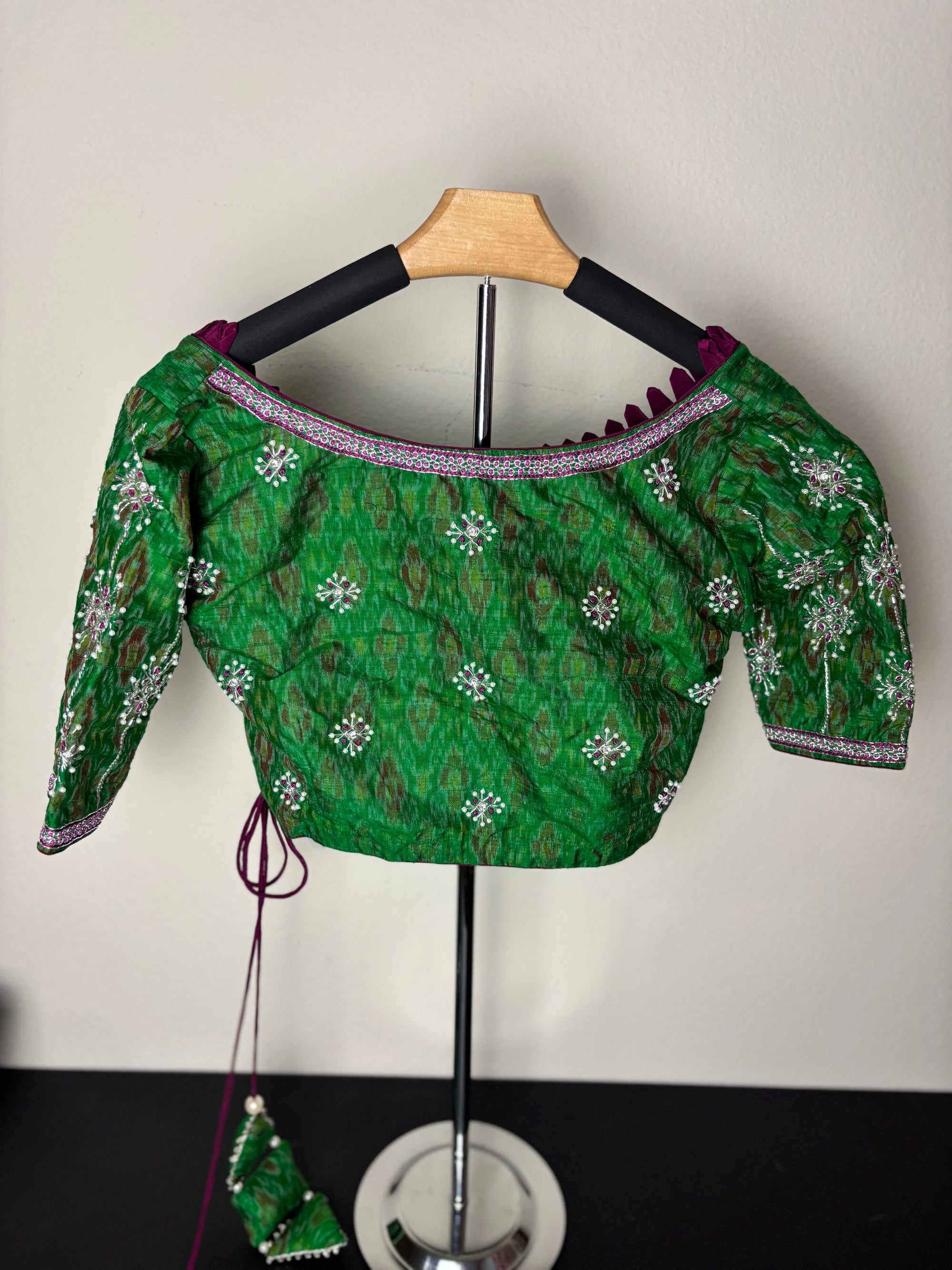 Green Blouse with Purple Details and Triangular & Square Tassels
