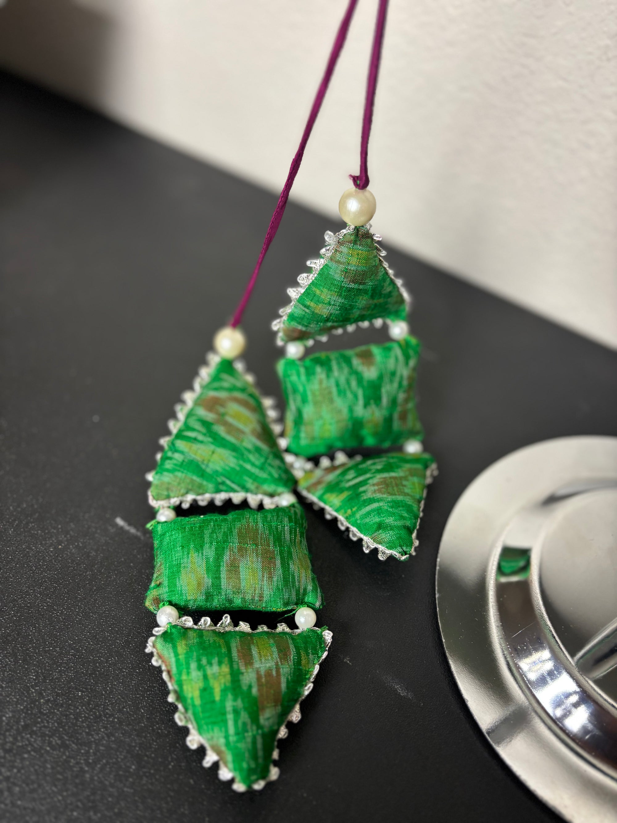 Green Blouse with Purple Details and Triangular & Square Tassels