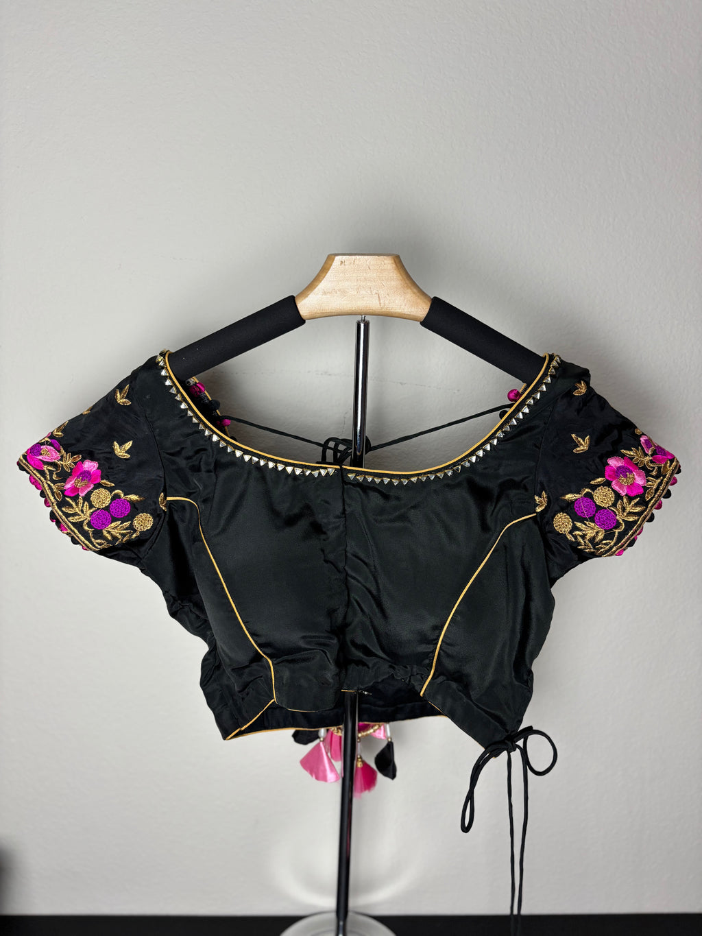 Black Blouse with Pink and Purple Flower Details and Ring Tassels