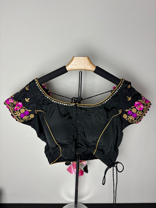 Black Blouse with Pink and Purple Flower Details and Ring Tassels