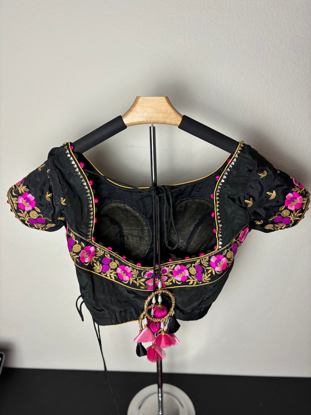 Black Blouse with Pink and Purple Flower Details and Ring Tassels