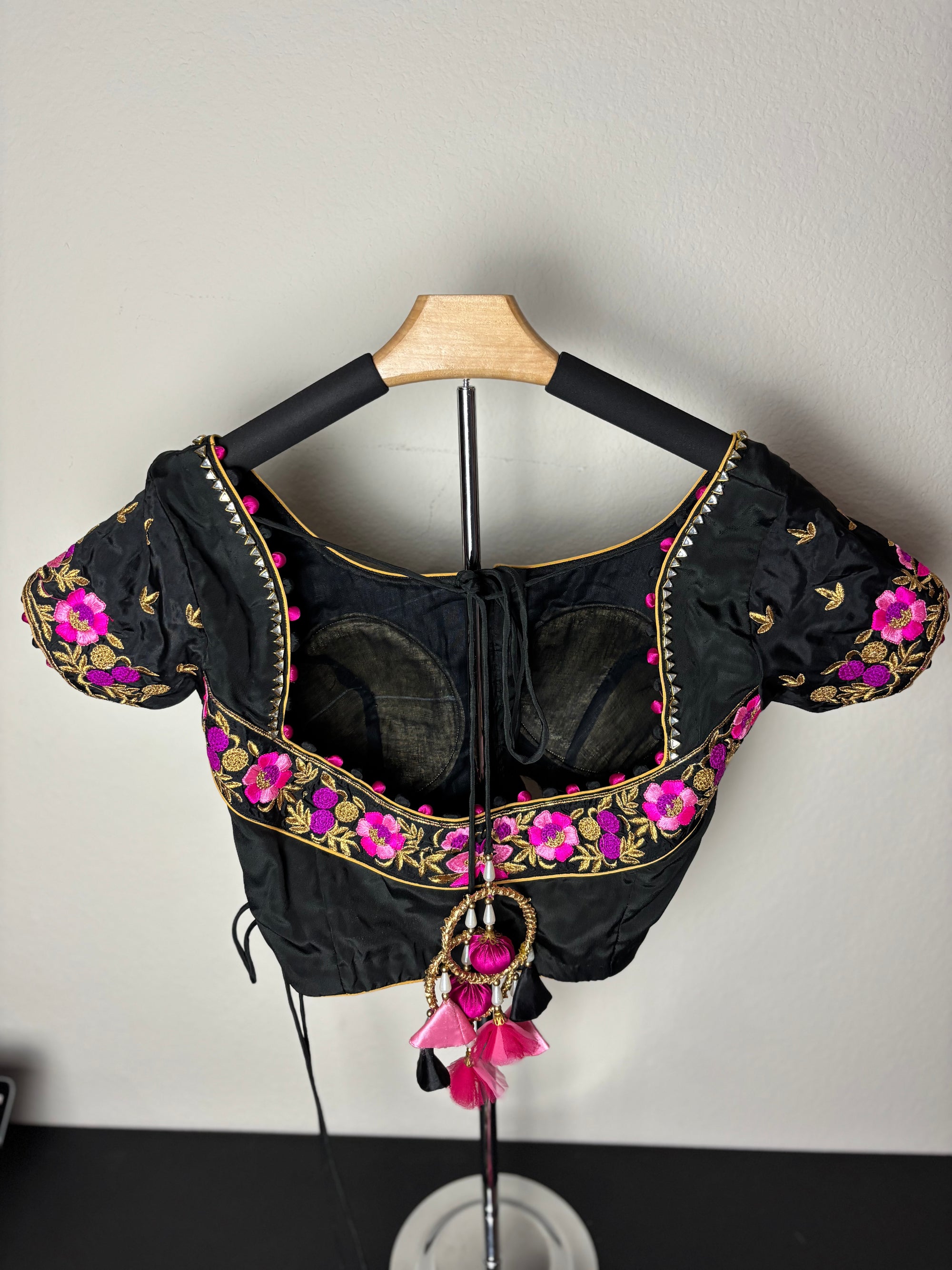 Black Blouse with Pink and Purple Flower Details and Ring Tassels