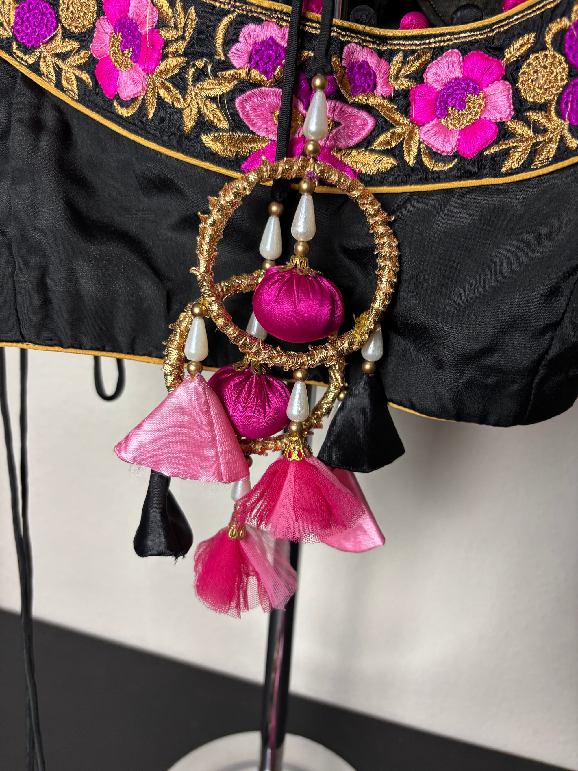 Black Blouse with Pink and Purple Flower Details and Ring Tassels