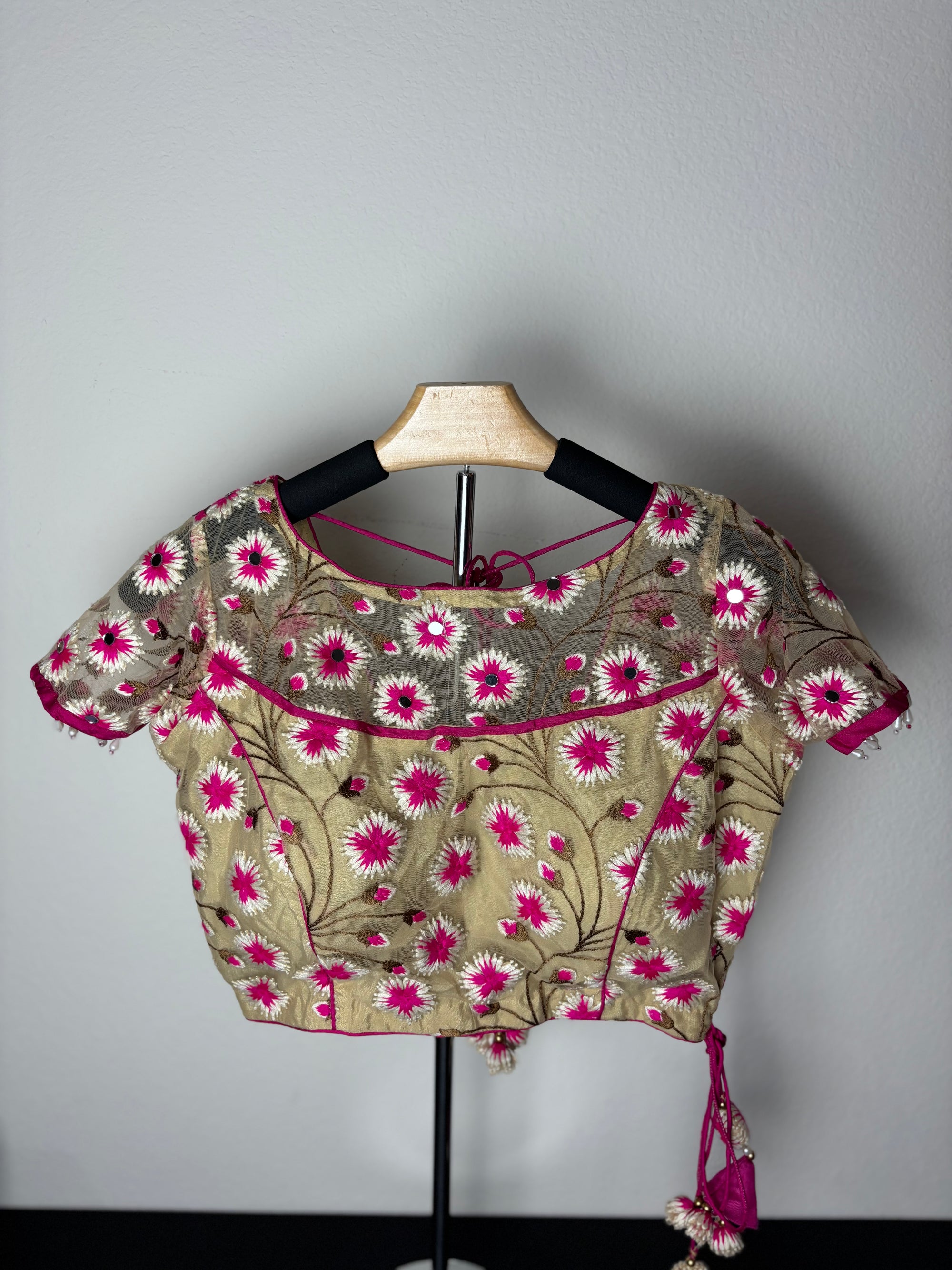 Cream Blouse with Pink & White Flower Designs