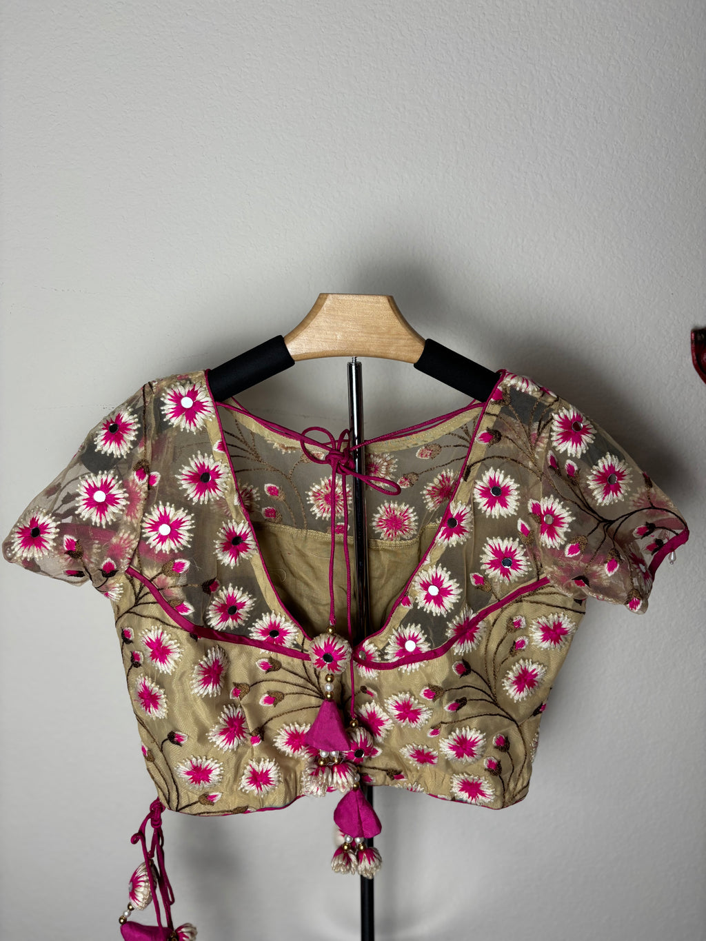 Cream Blouse with Pink & White Flower Designs