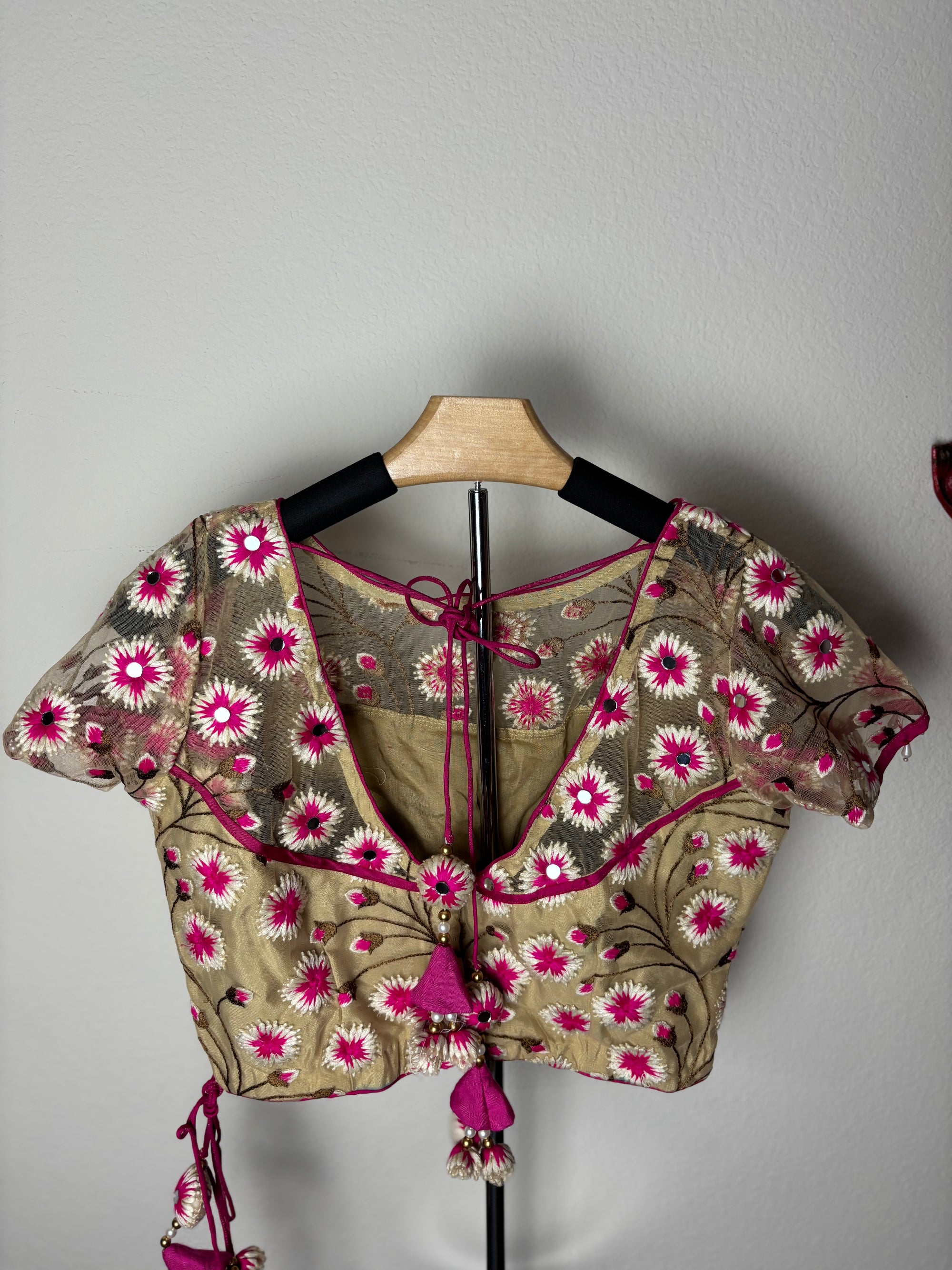 Cream Blouse with Pink & White Flower Designs