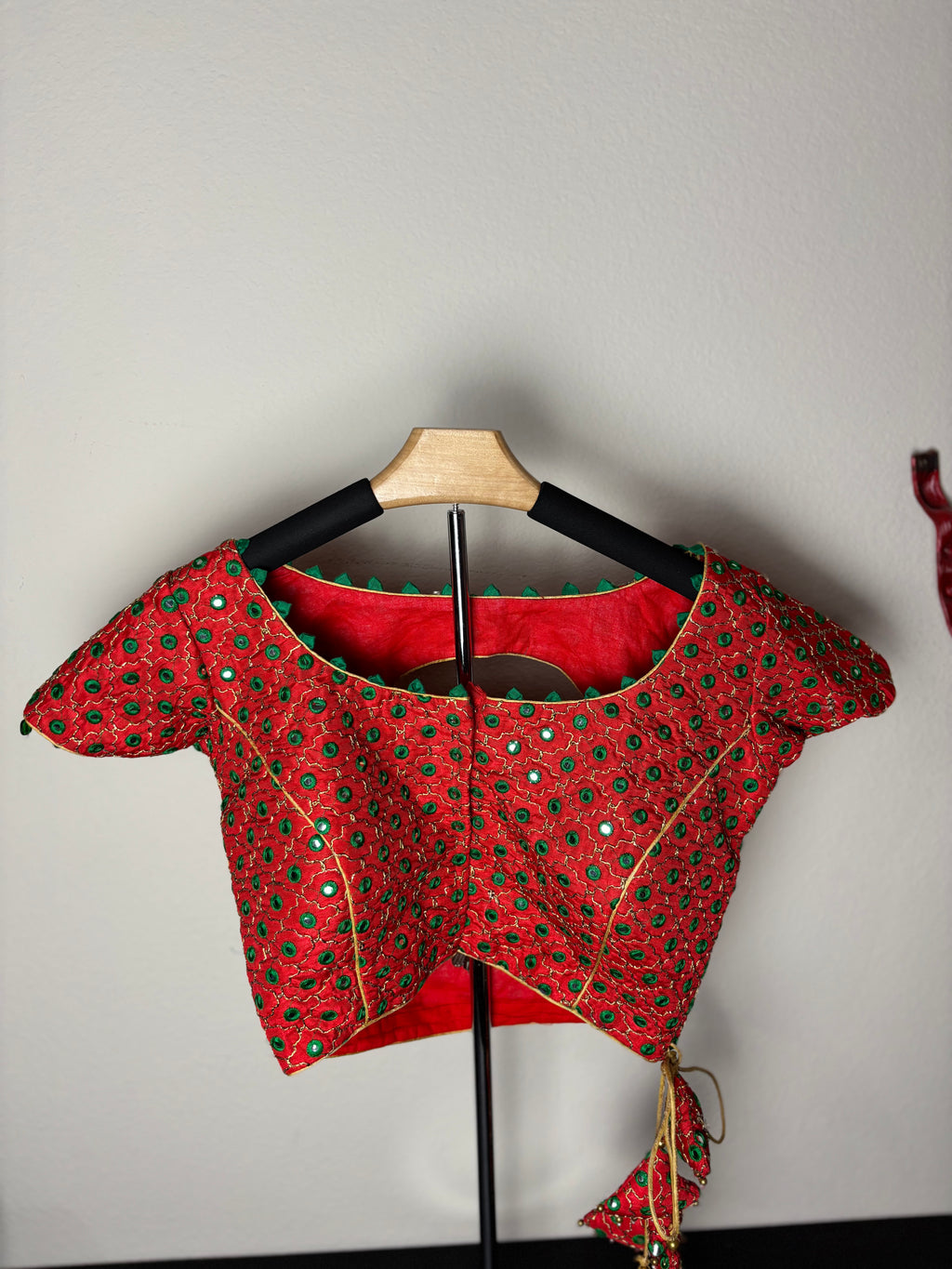 Red Blouse with Green Dot Patterns