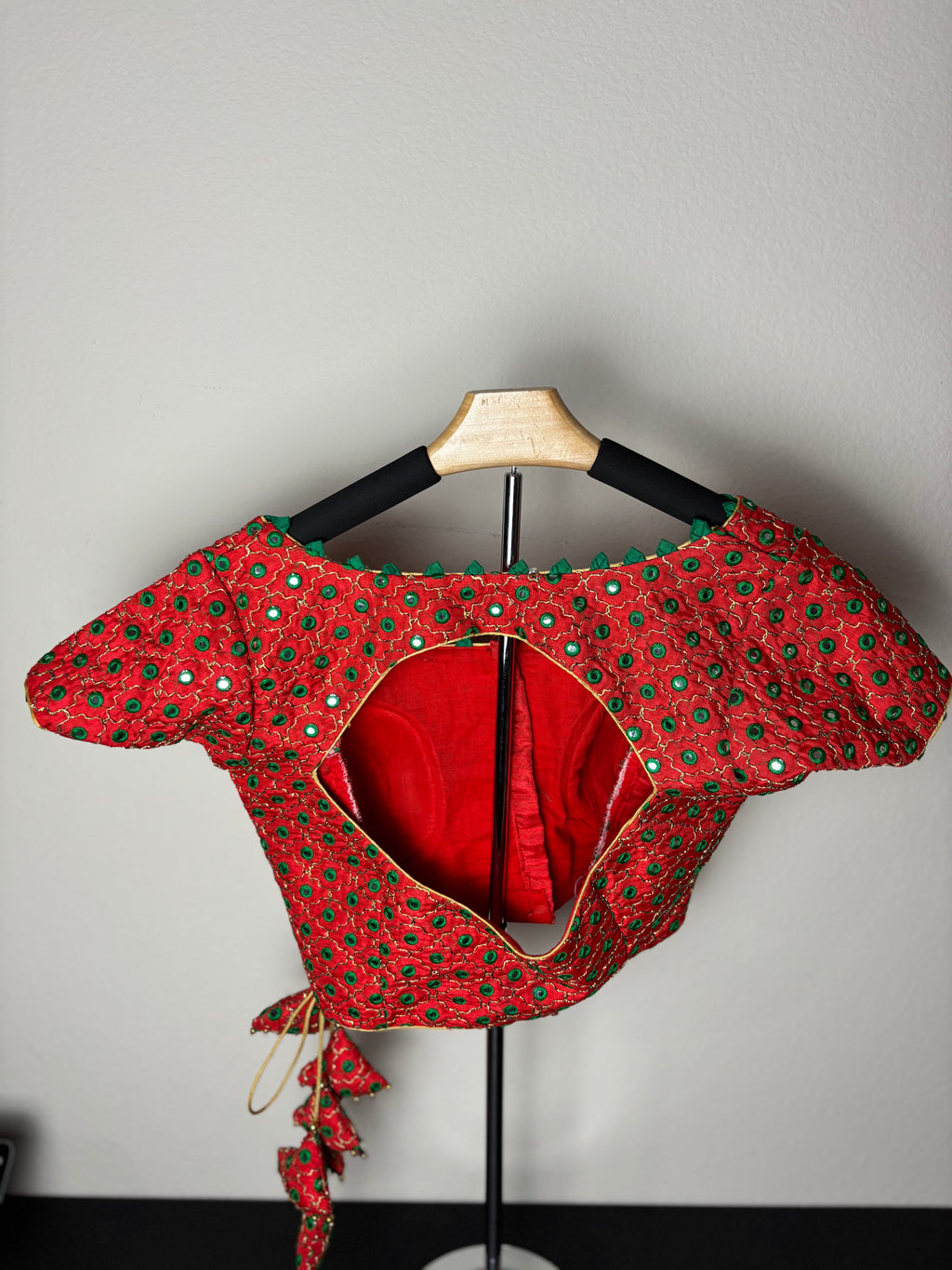 Red Blouse with Green Dot Patterns
