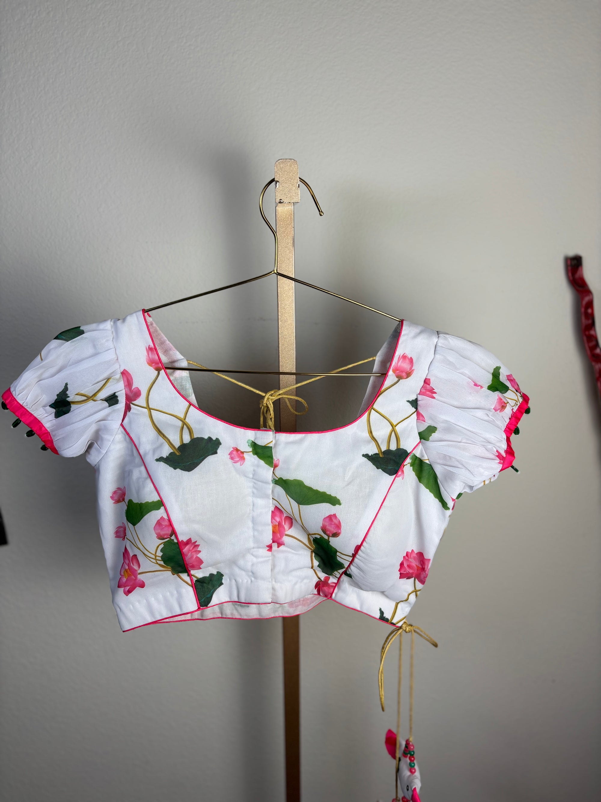 White Blouse with Pink and Green Designs with Plants and Bird Tassels