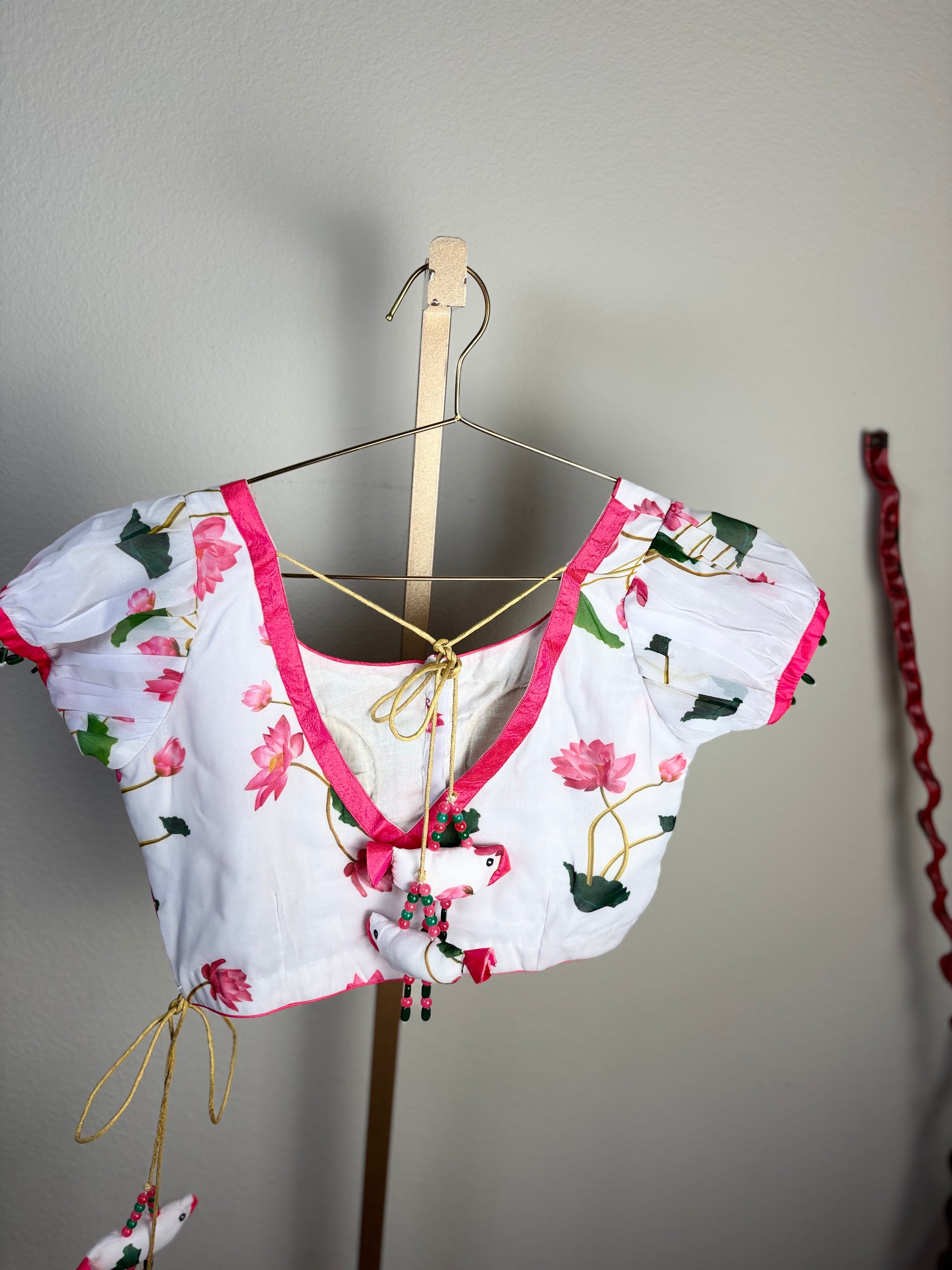 White Blouse with Pink and Green Designs with Plants and Bird Tassels