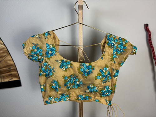 Beige and Light Blue Blouse with Blue Tassel Designs