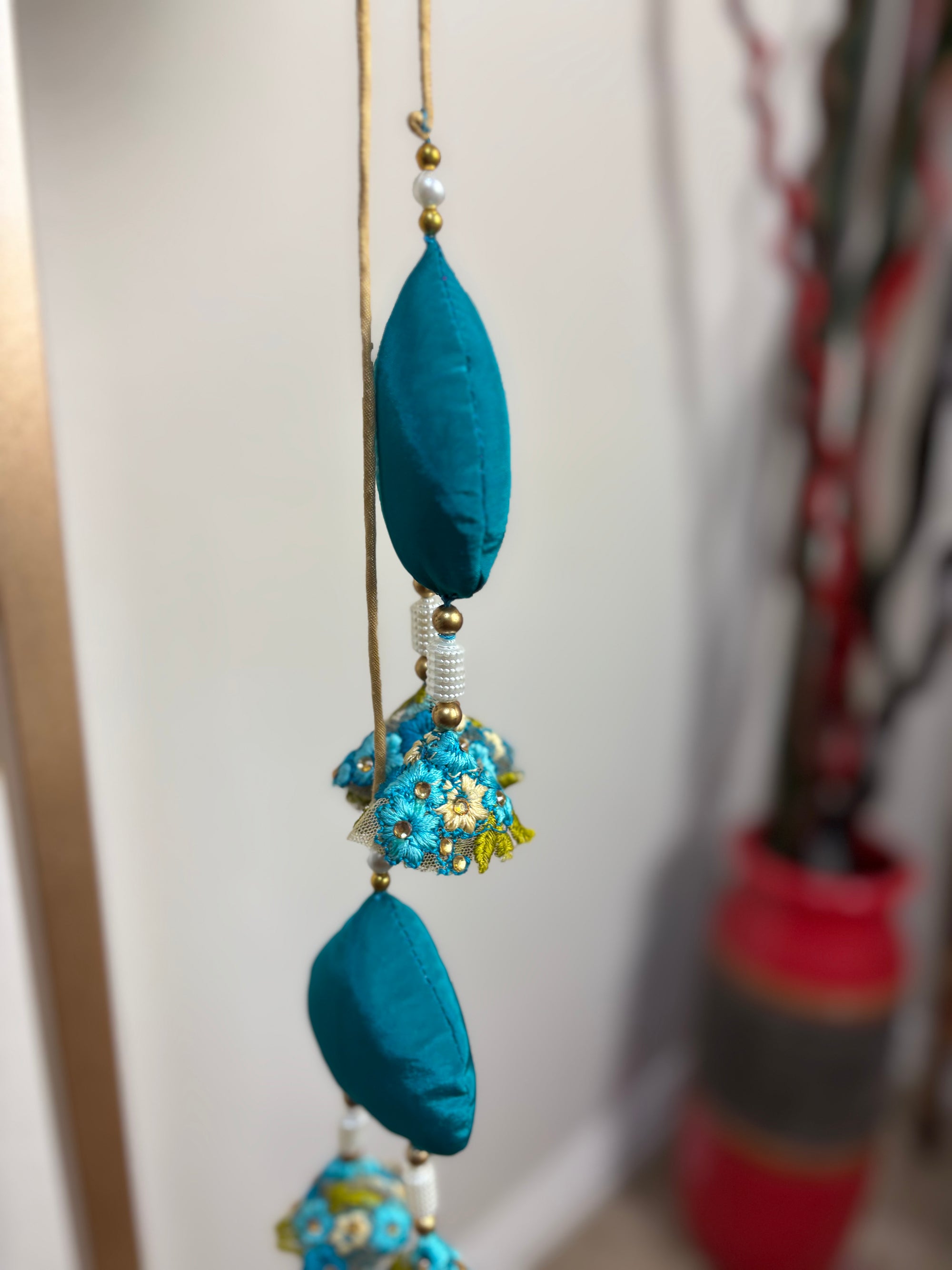 Beige and Light Blue Blouse with Blue Tassel Designs