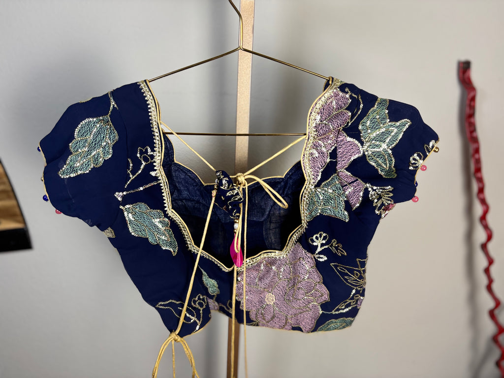Navy Blue Blouse with Purple Flowers and Green Leaf Designs