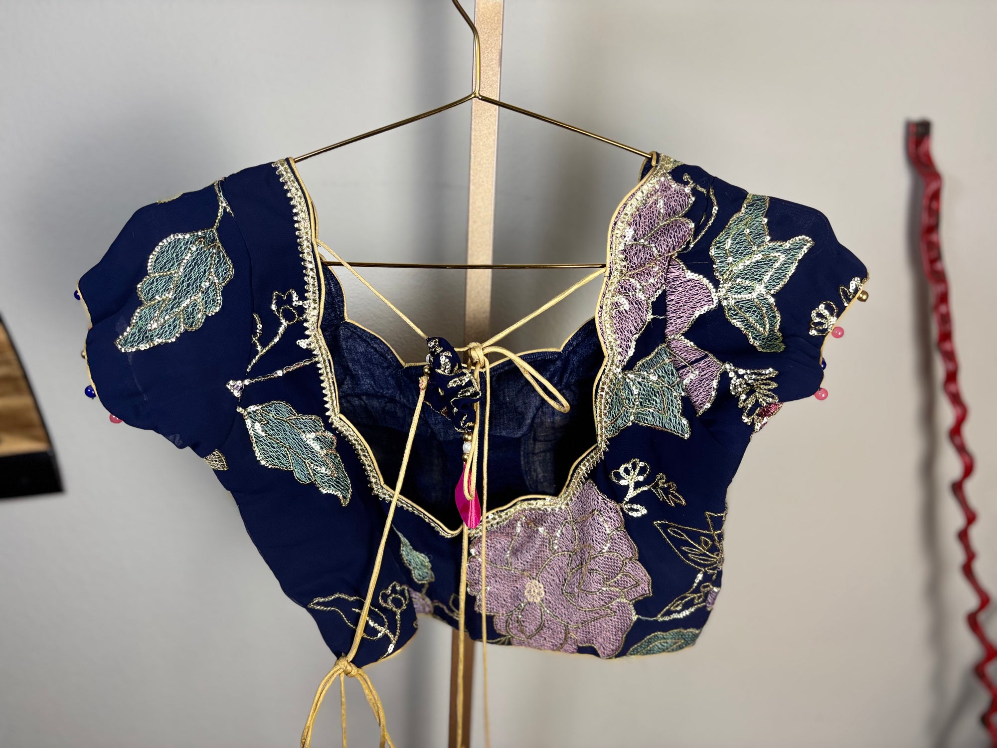 Navy Blue Blouse with Purple Flowers and Green Leaf Designs