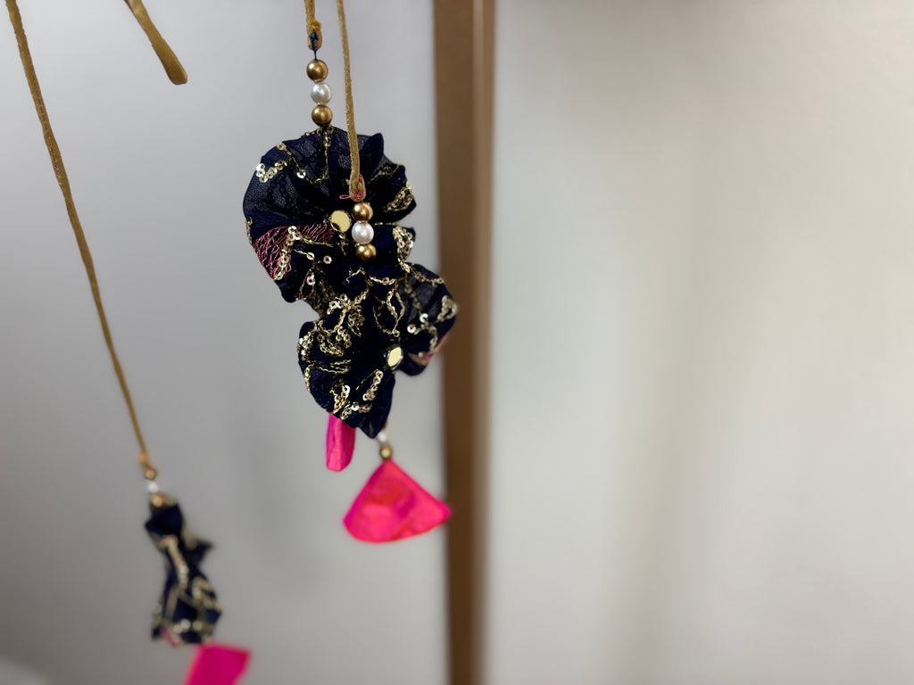 Navy Blue Blouse with Purple Flowers and Green Leaf Designs