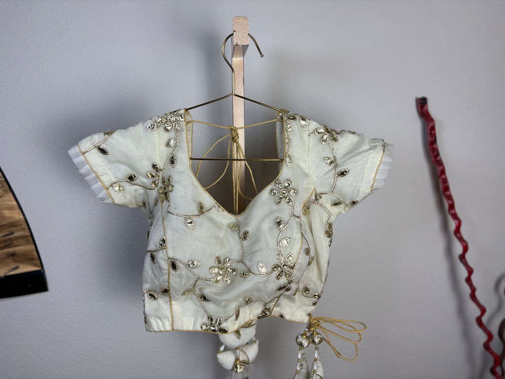 White Blouse with Golden Designs and Crescent Tassels