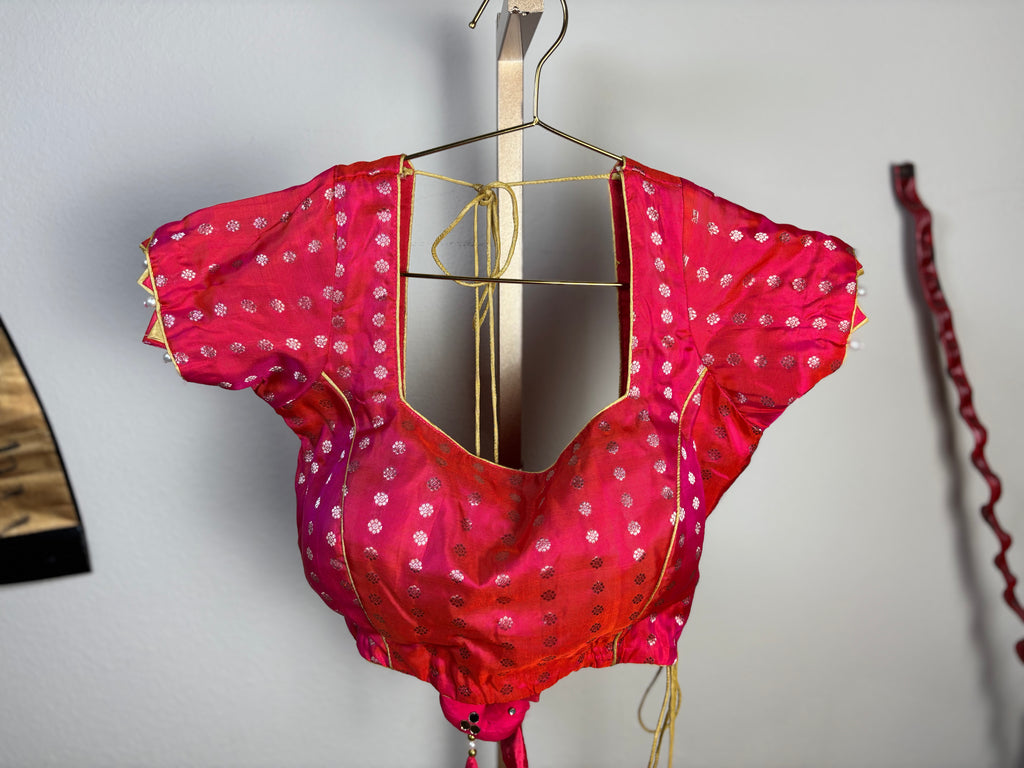 Pink Blouse with Circle Designs and Bird Tassels