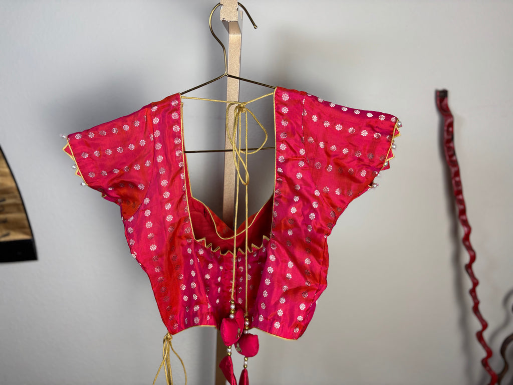 Pink Blouse with Circle Designs and Bird Tassels