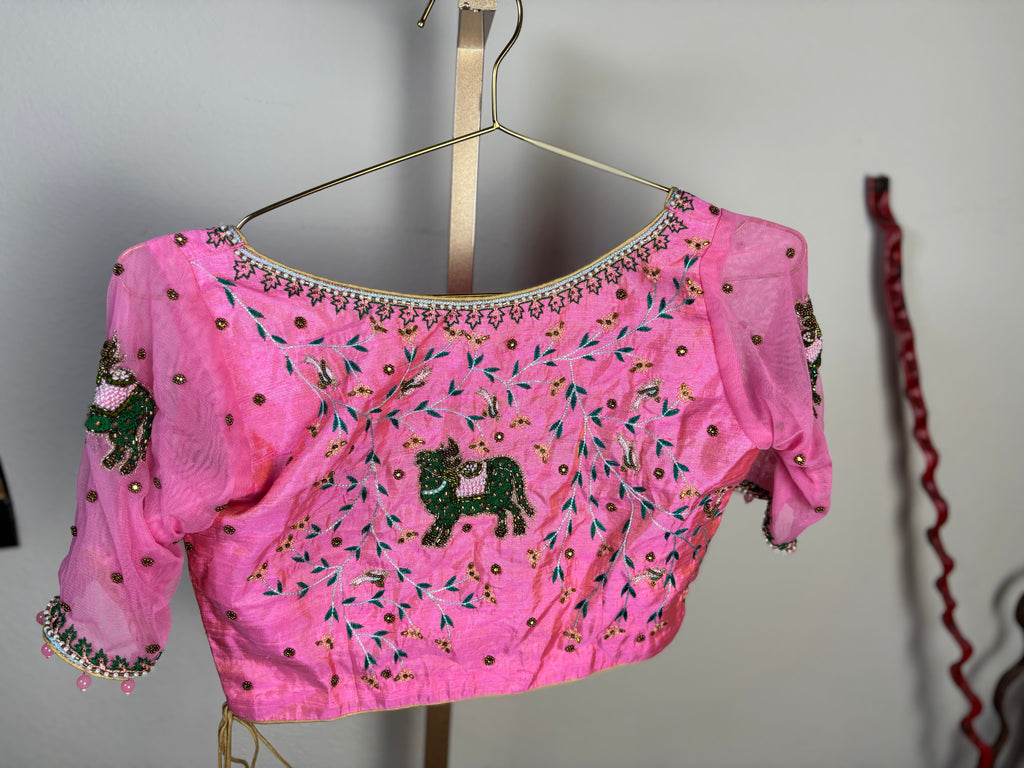 Pink Blouse with Green Designs Leaf and Cow