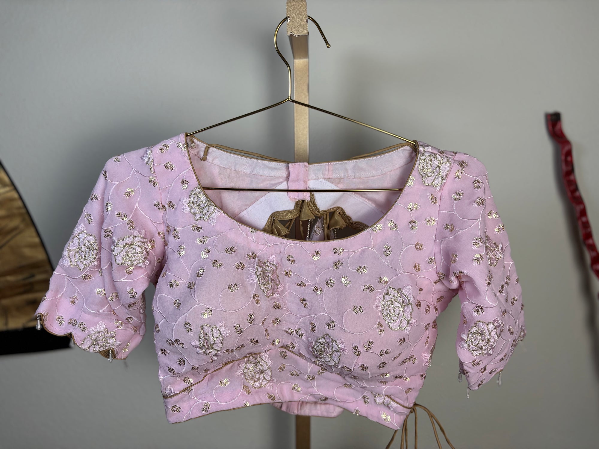 Pink Blouse with Triangle Tassels and Silver Designs
