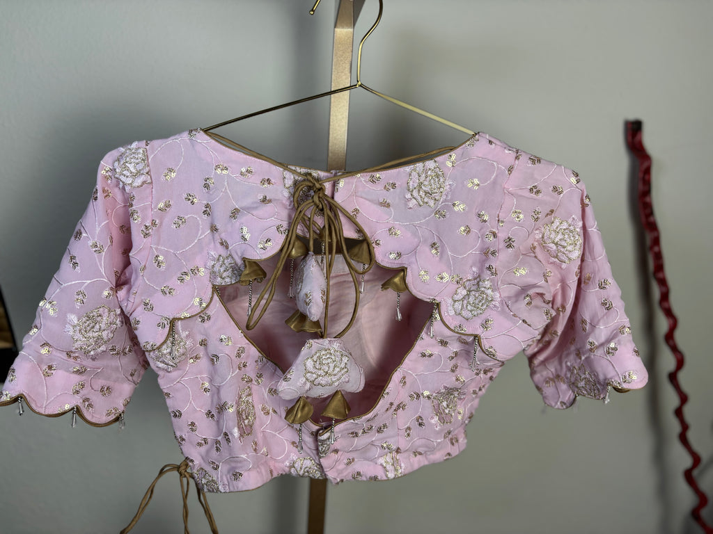 Pink Blouse with Triangle Tassels and Silver Designs