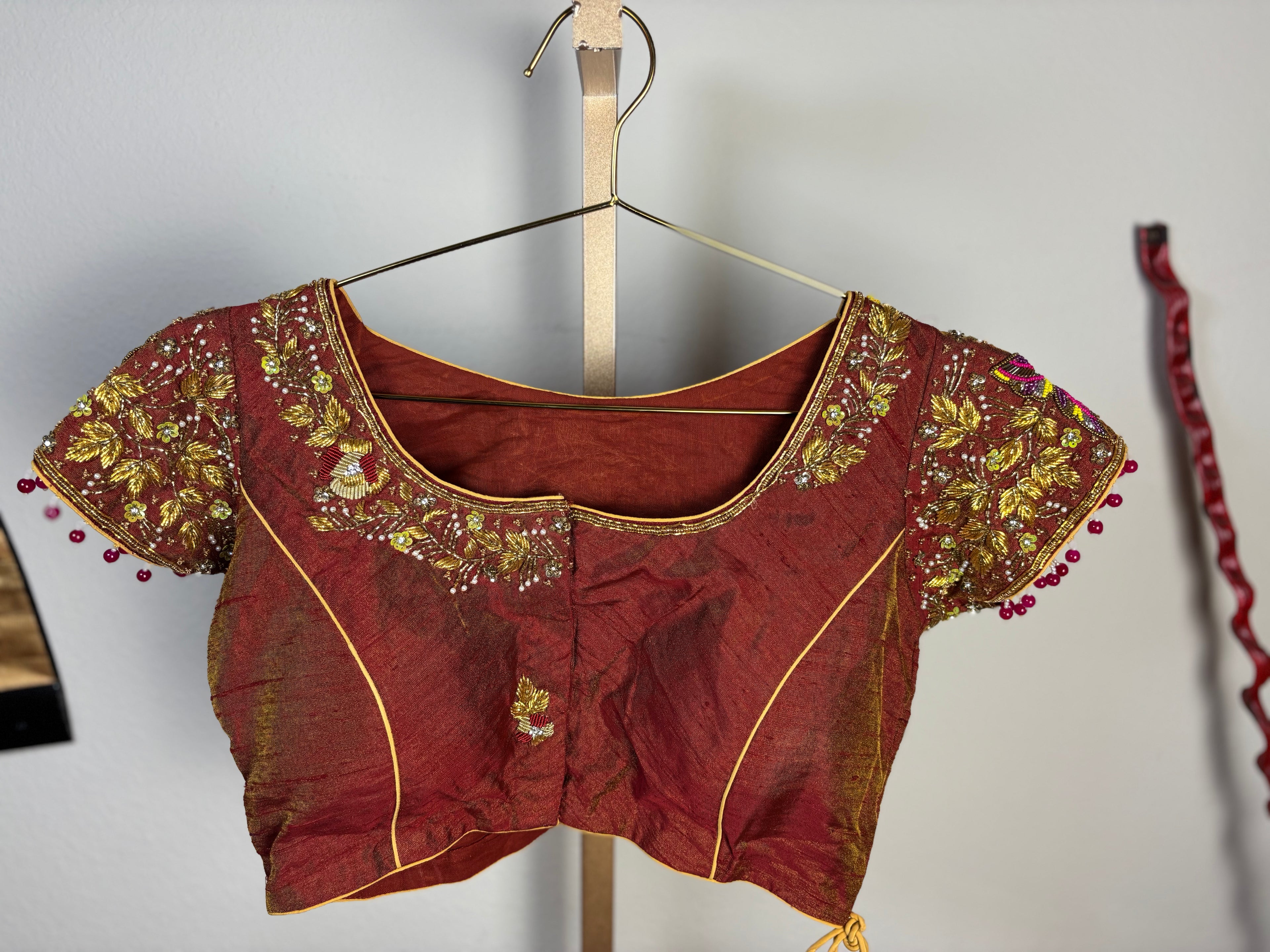 Red-Brick Color Blouse with Butterfly Work