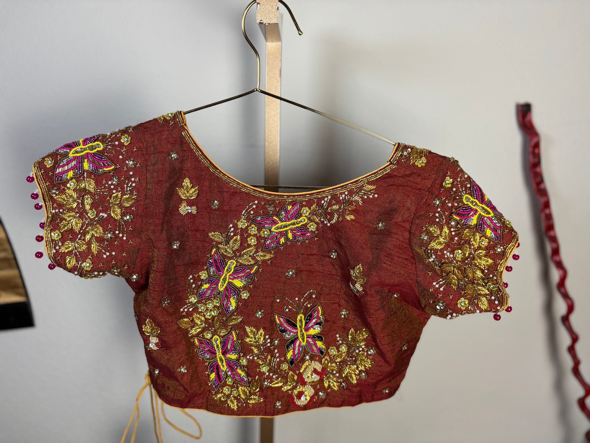 Red-Brick Color Blouse with Butterfly Work