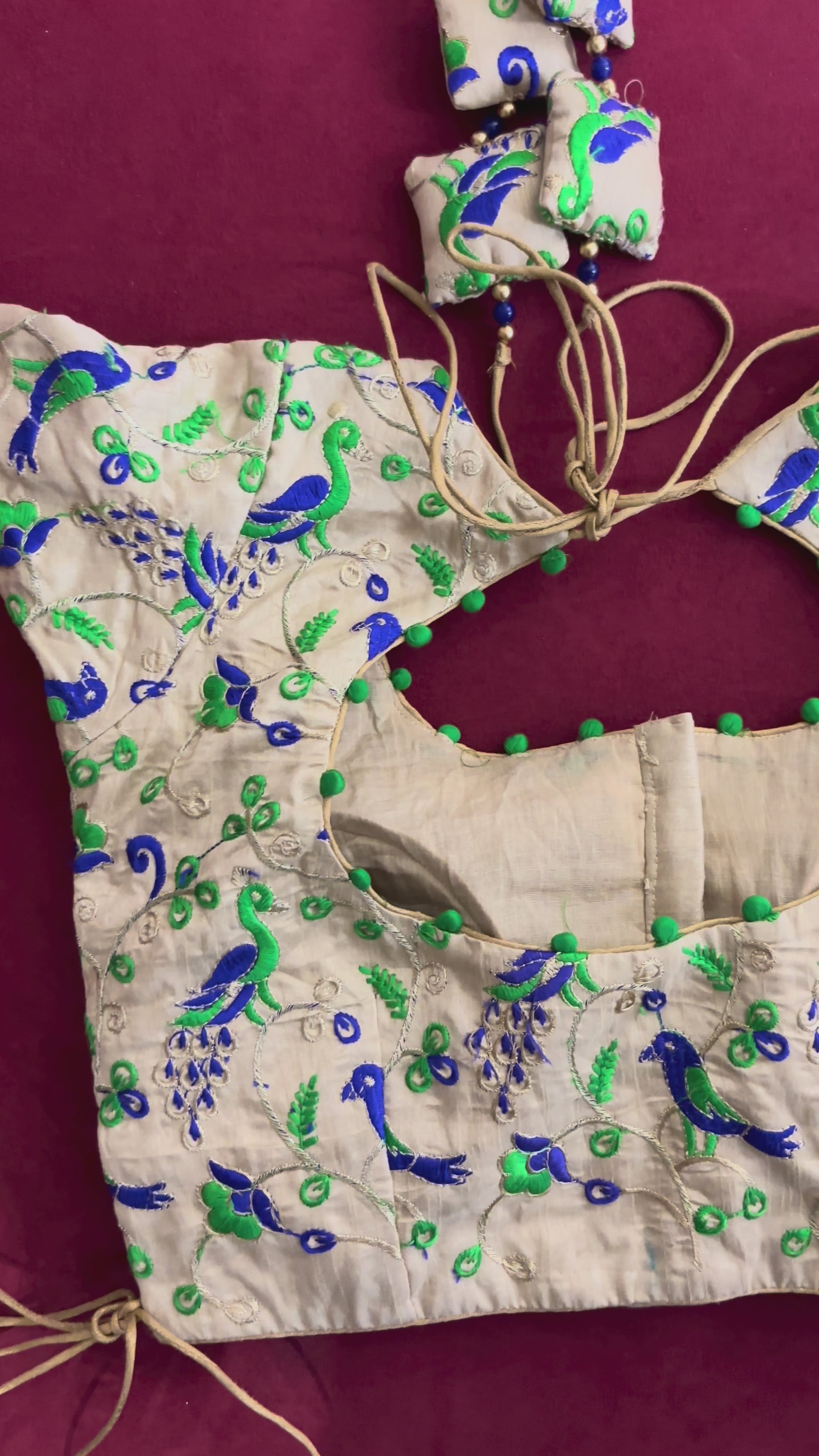 Cream Colored Blouse with Green and Blue Birds