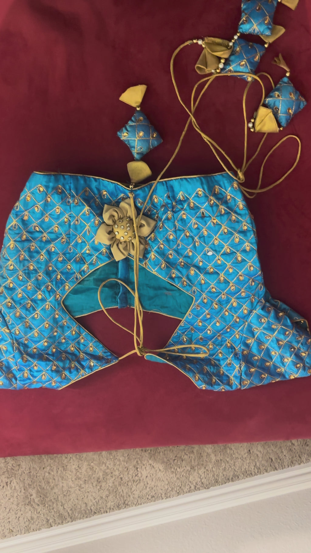 Blue Blouse with Big Golden Flowers and Square Tassels