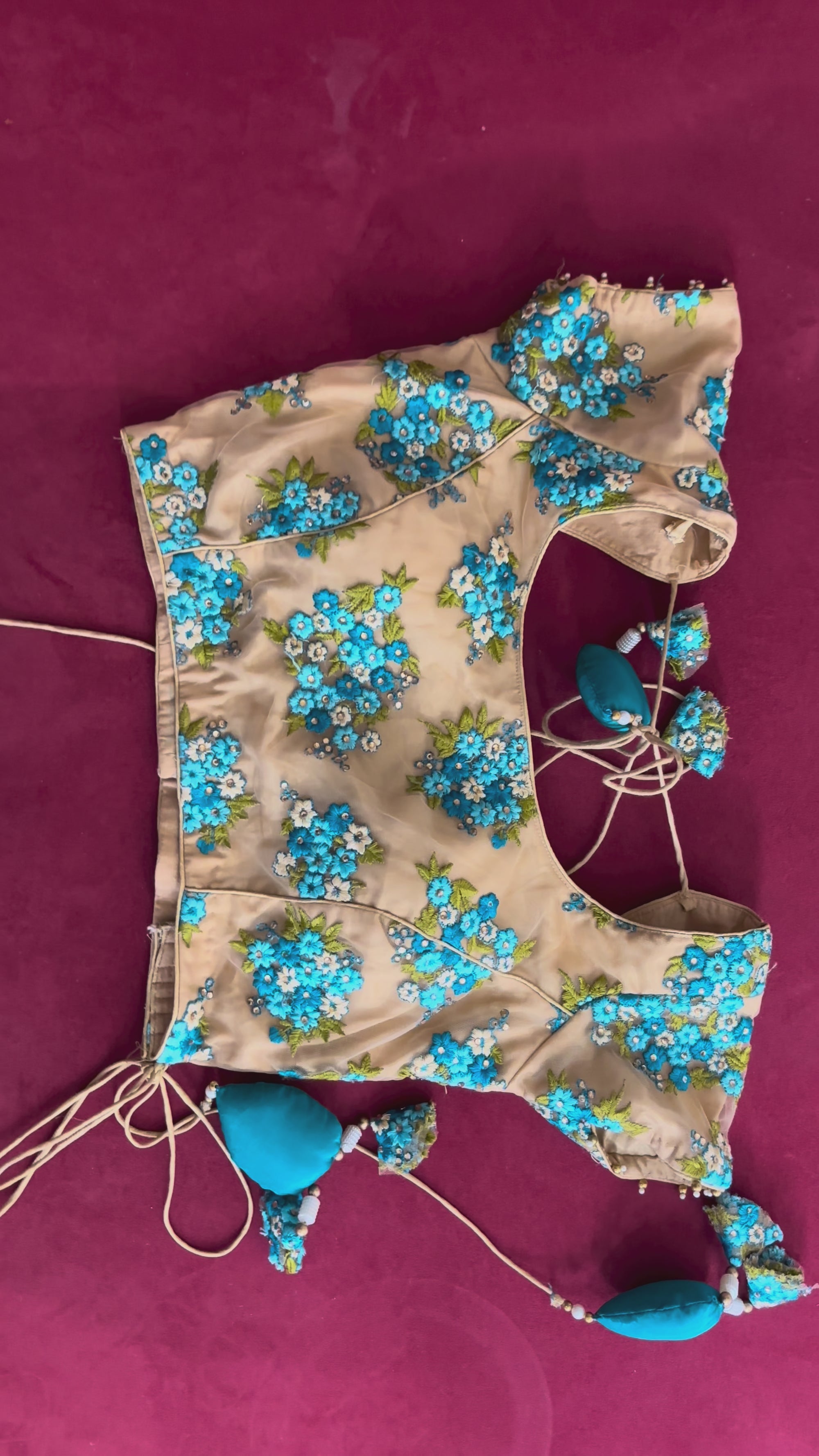Beige and Light Blue Blouse with Blue Tassel Designs