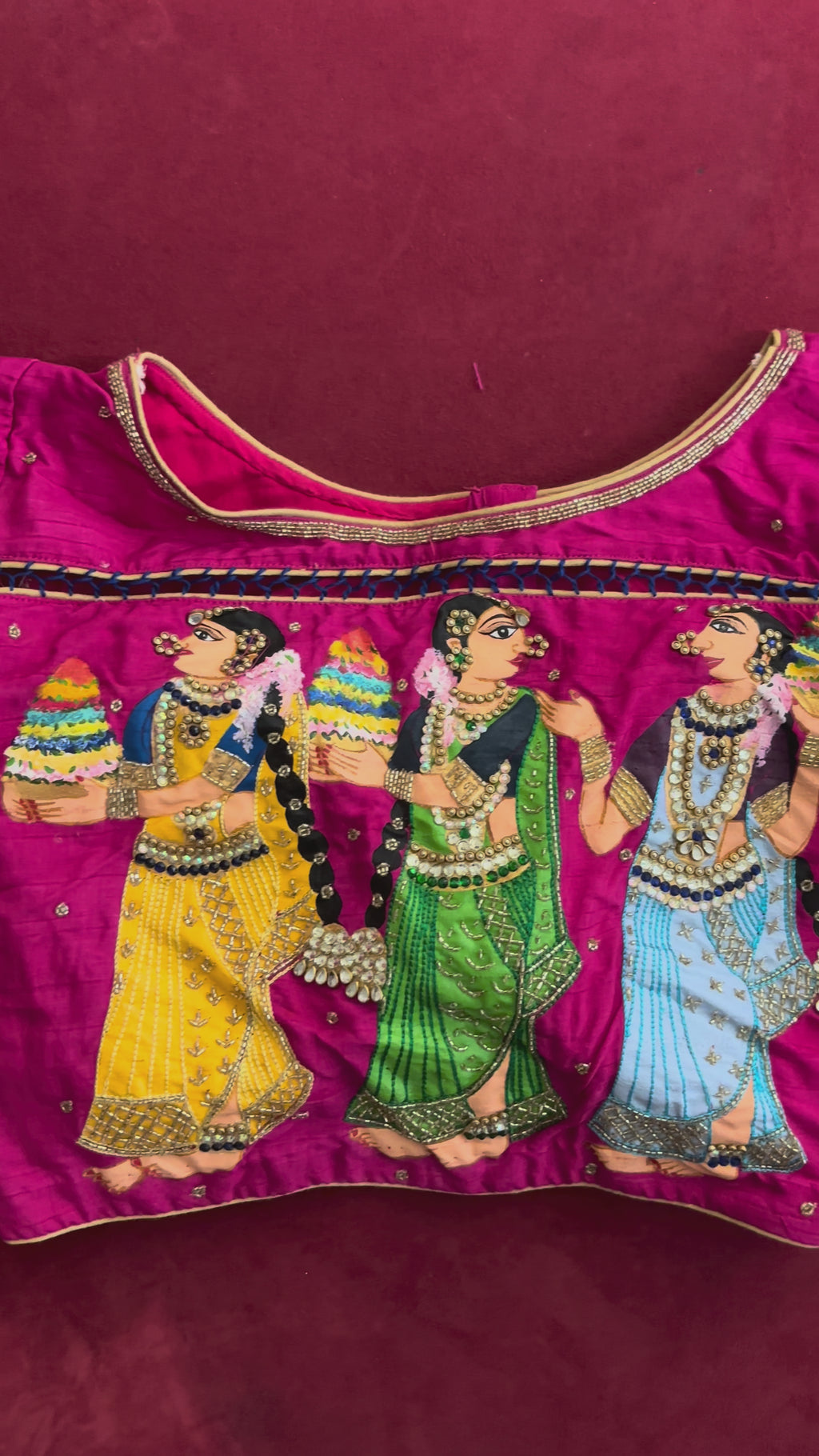 Pink Painting Blouse with 3 Ladies Design and Butterfly Tassels